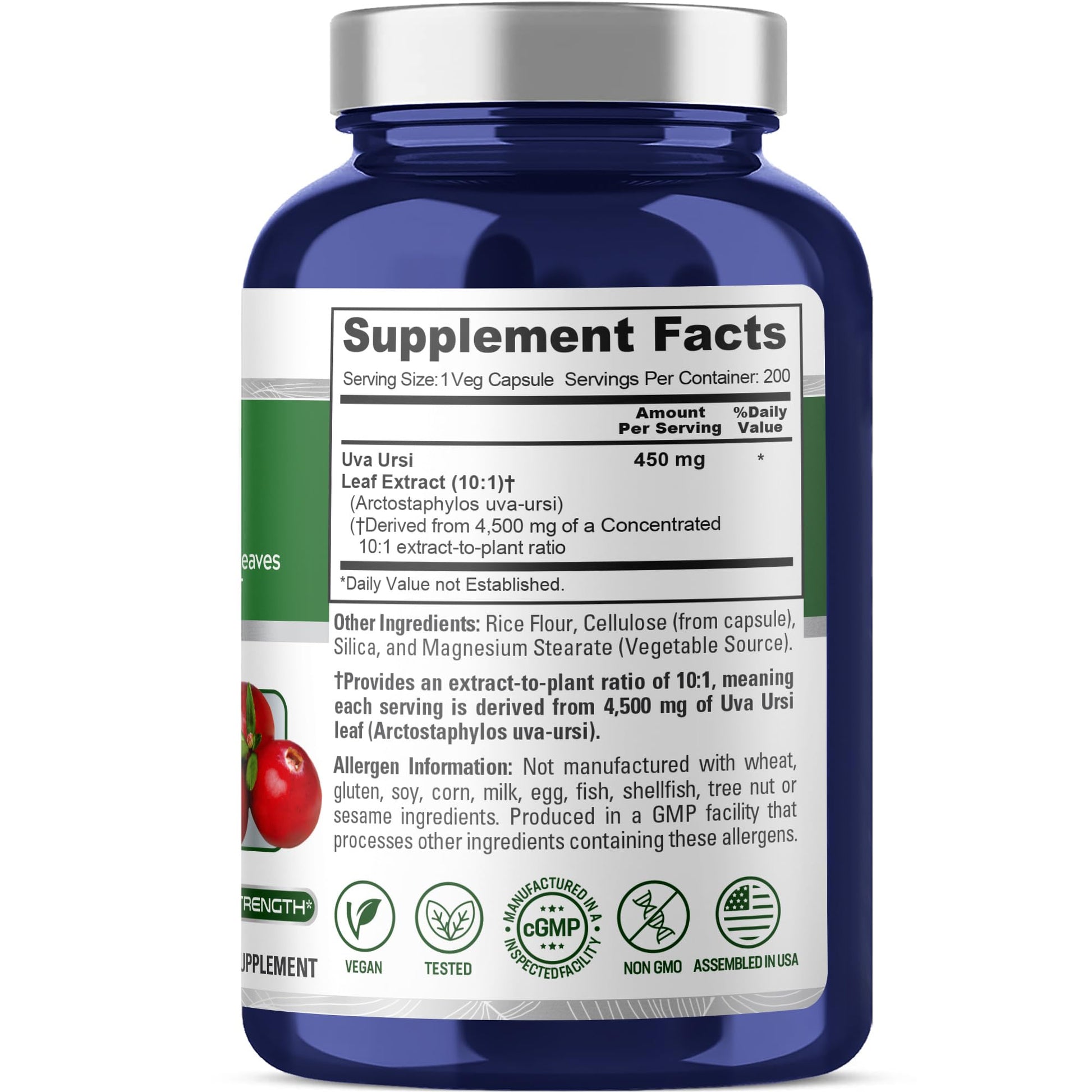 NusaPure Uva Ursi 10:1 Extract, 450 mg Equivalent to 4,500mg 200 Vegetarian caps (Non-GMO, Vegan) Bearberry NusaPureAu supplements