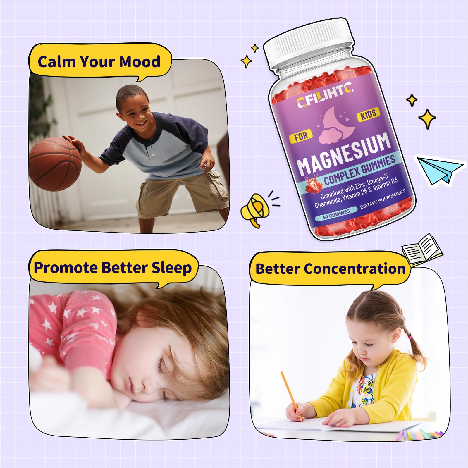 Kids Magnesium Gummies-Magnesium Glycinate Gummies for Kids Supplement-w/Zinc, Chamomile, Omega-3, Vitamin B6, D3 - for Sleep, Relaxation, Brain, Bones, Children's Calm, Sugar Free Strawberry 60ct CFILIHTCAu supplements