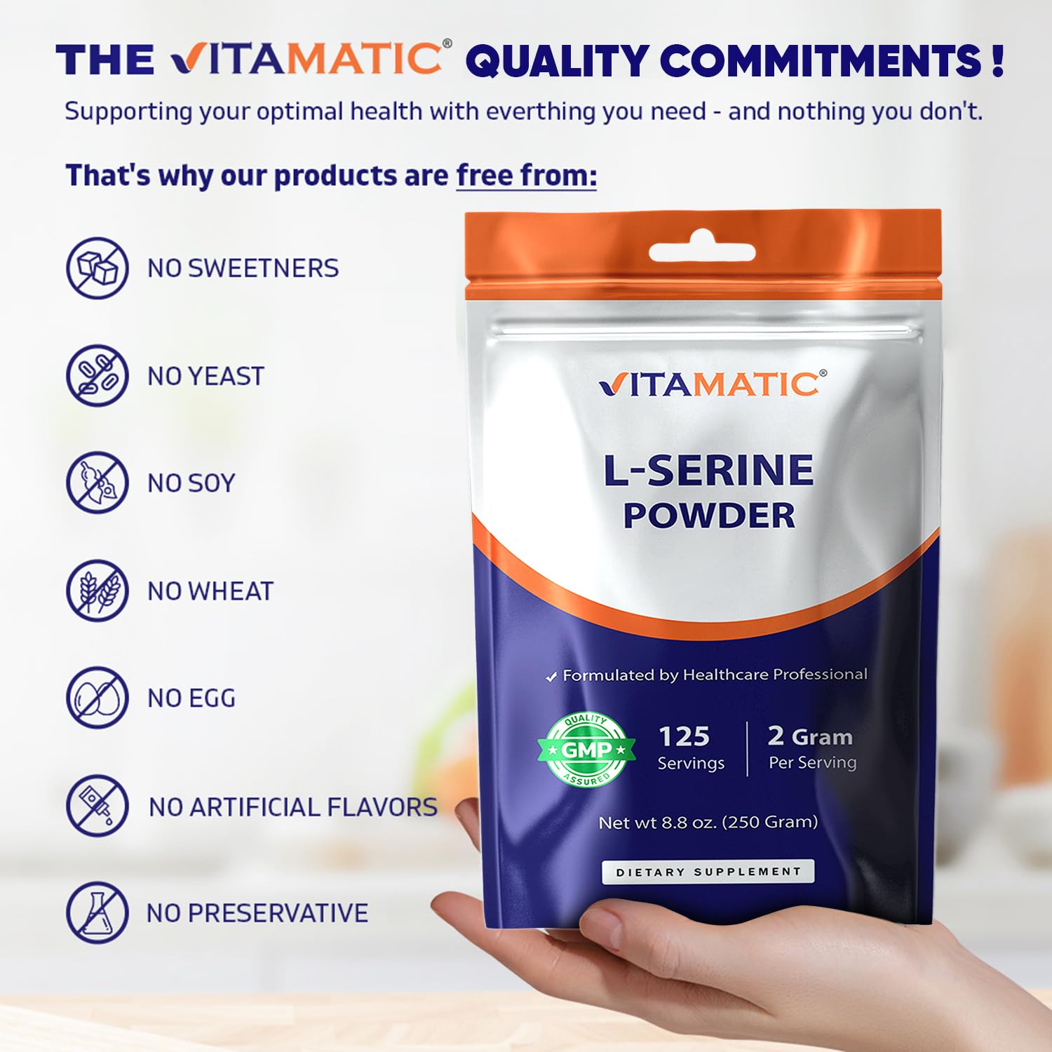 Vitamatic L-Serine Pure Powder 250 Gram | 2000 mg per Serving | 125 Servings | Unflavored | No Additives | Free of Soy, Eggs, Fish & Artificial Ingredients VitamaticAu supplements
