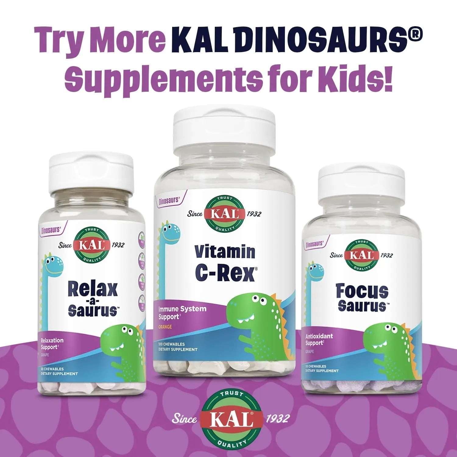 KAL MultiSaurus Kids Chewable Multivitamins, 11 Essential Vitamins and Minerals for Kids, Mixed Berry Flavor, Gluten and Preservative Free KALAu supplements