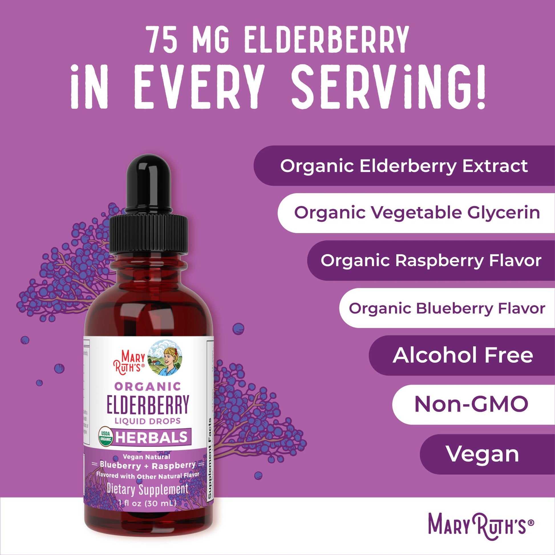 MARYRUTH'S Elderberry Liquid Drops for Adults & Kids | Immune Support | Antioxidant | Overall Wellness | Elder Berry Extract | USDA Organic | Sugar Free | Vegan | Non-GMO | Gluten Free | 1 Fl Oz MARYRUTH'SUS supplements