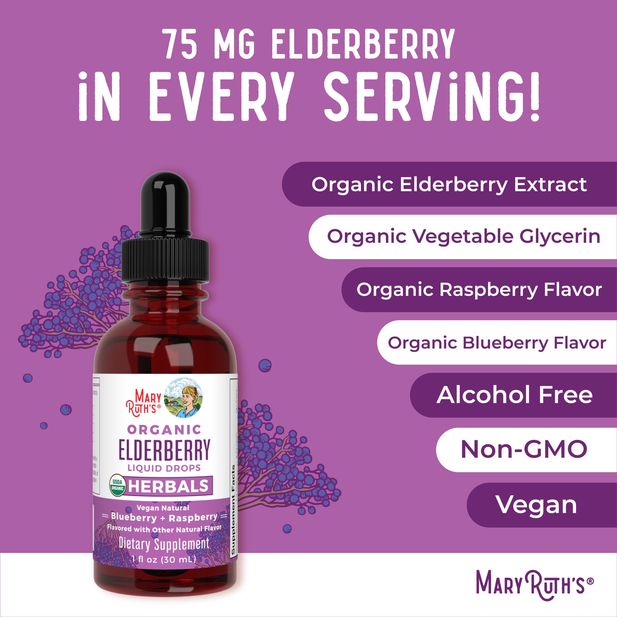MARYRUTH'S Elderberry Liquid Drops for Adults & Kids | Immune Support | Antioxidant | Overall Wellness | Elder Berry Extract | USDA Organic | Sugar Free | Vegan | Non-GMO | Gluten Free | 1 Fl Oz MARYRUTH'SUS supplements