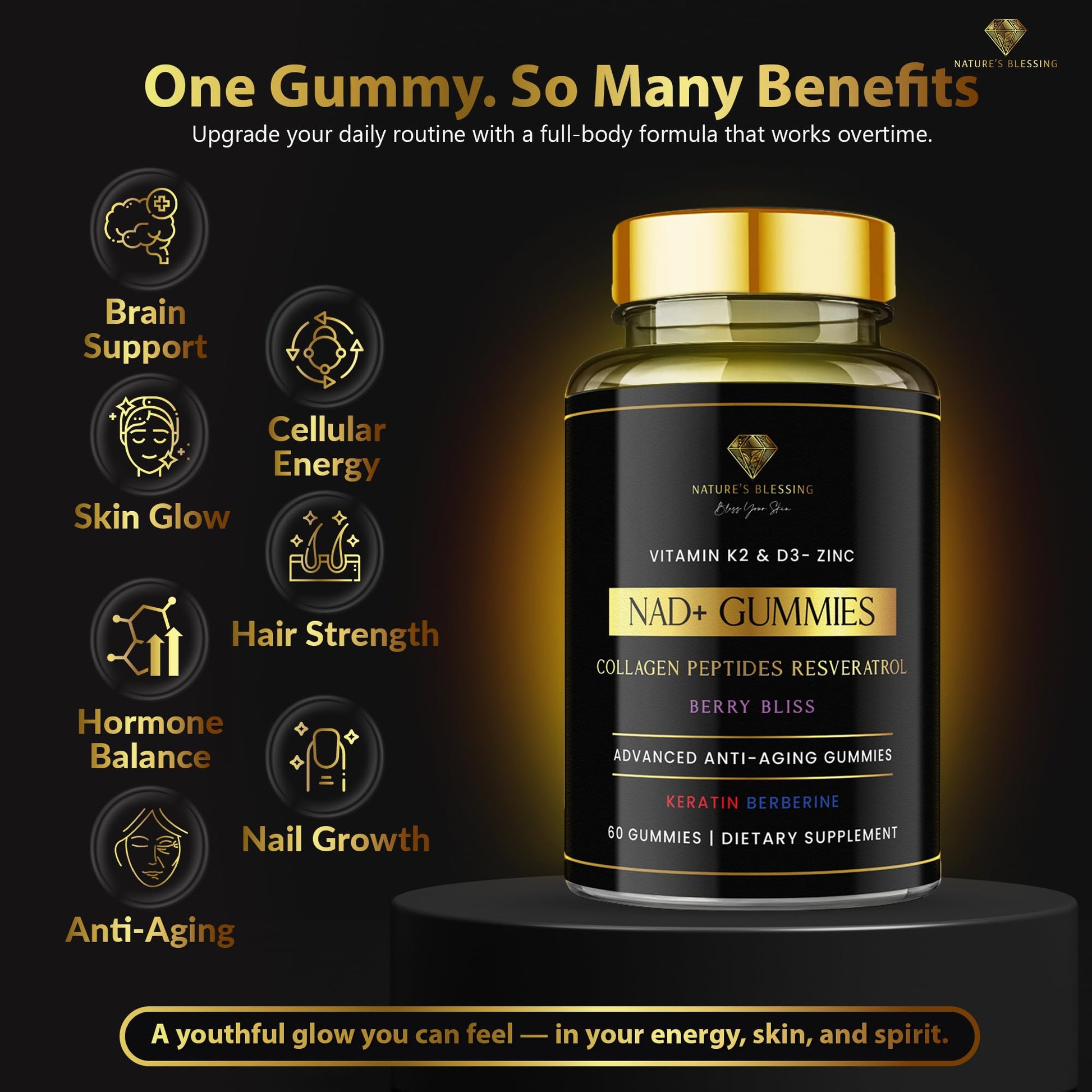 Nature's Blessing NAD+ Anti-Aging Gummies – Boost Cellular Repair, Brain Clarity & Radiant Skin – with Biotin, Collagen, Resveratrol, Vitamin D3, K2, Zinc & Keratin – Delicious Berry Bliss Nature's BlessingAu supplements