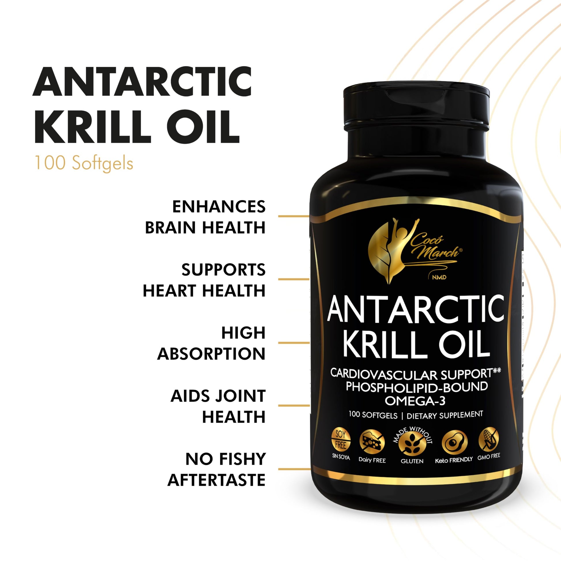 Cocó March N.M.D Pure Antarctic Krill Oil 1000mg – Omega 3 Fish Oil Supplement with EPA, DHA, Choline & Astaxanthin – Fast Absorption, Immune, Heart & Joint Support for Men & Women – 100 Softgels Cocó March N.M.DAu supplements