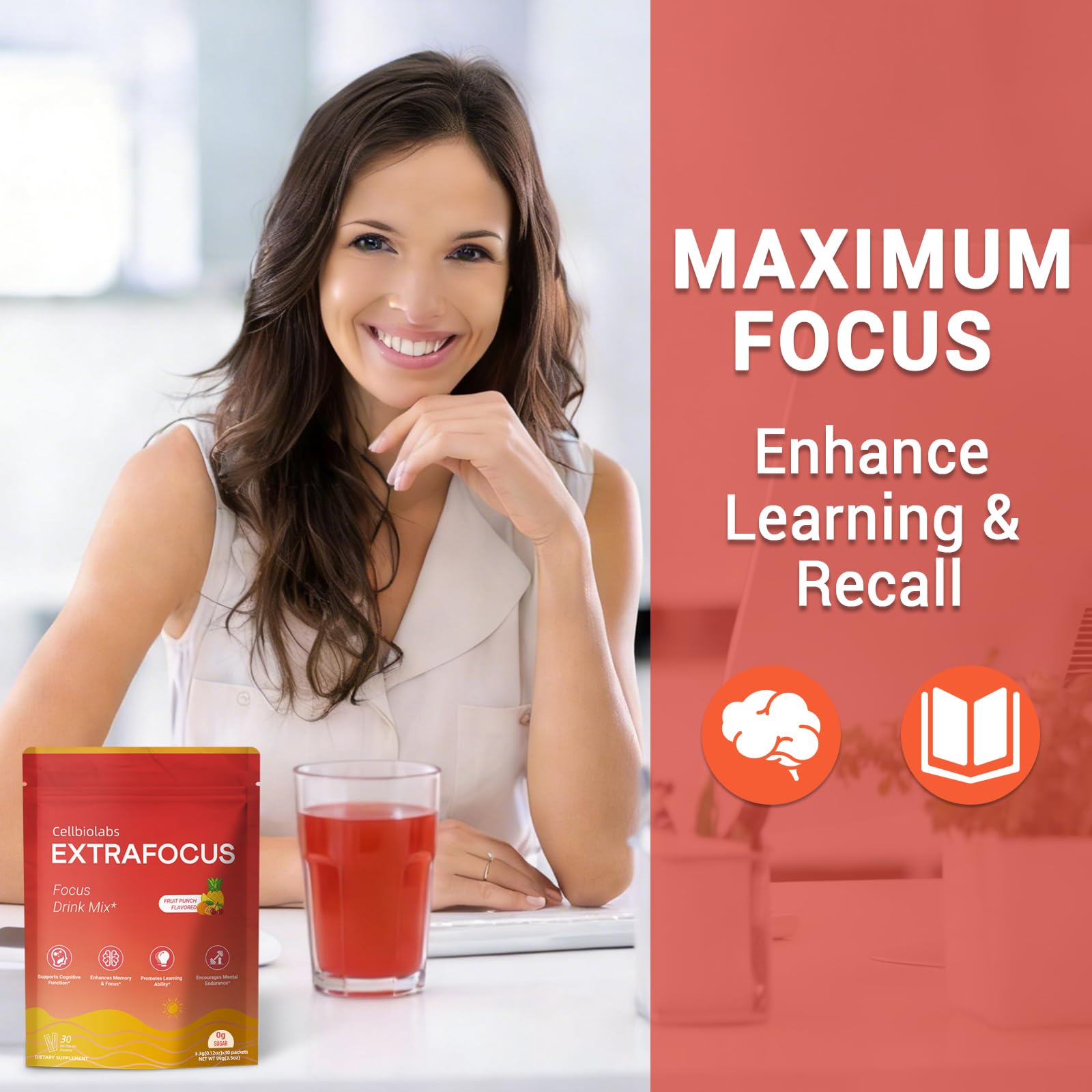 Nootropic Extra Focus Drink Mix, 30 Packs On-The-Go Sticks, Featuring Alpha-GPC, Lion's Mane & Rhodiola, Sugar-Free Packets Fruit Punch Clean Drink Mix CellbiolabsAu supplements