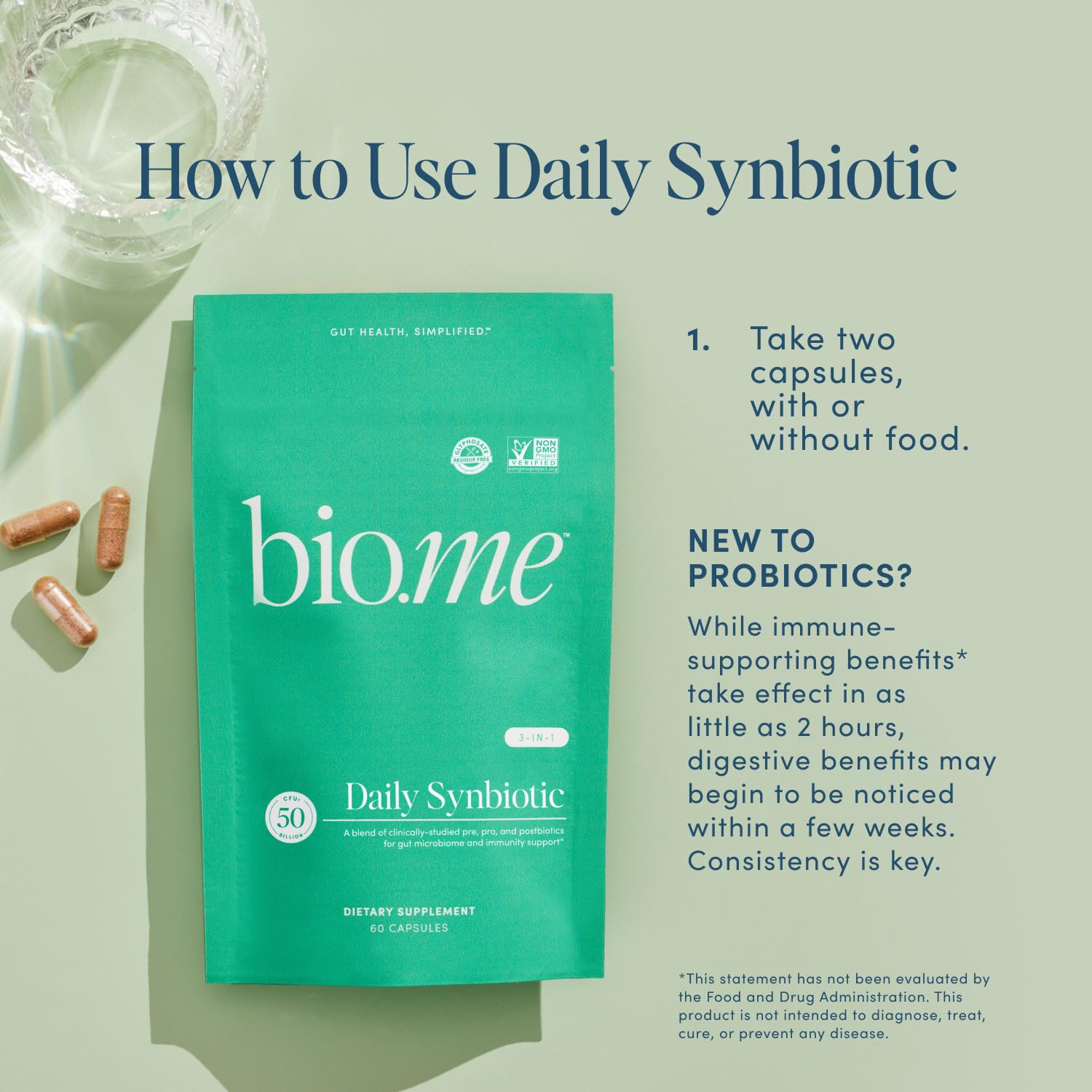Synbiotic 3-in-1 Prebiotics, Probiotics & Postbiotics for Digestive Health, Gut Health, Immune Support & Bloating Relief for Men & Women - 50 Billion CFU Per Serving - Vegan, 60 Capsules (30 Servings) Bio.meAu supplements