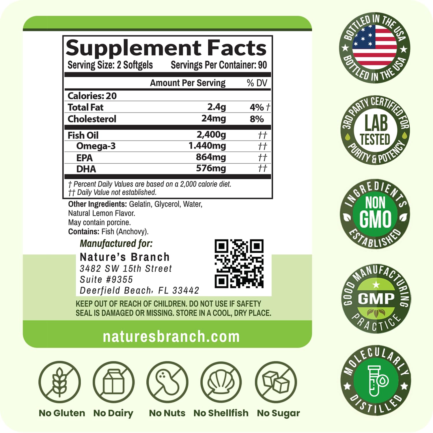 Triple Strength Omega 3 Fish Oil Supplements 2400mg | 180 Capsules, Burpless High Potency Lemon Flavor, High EPA DHA for Men & Women Ultra Pure Softgels