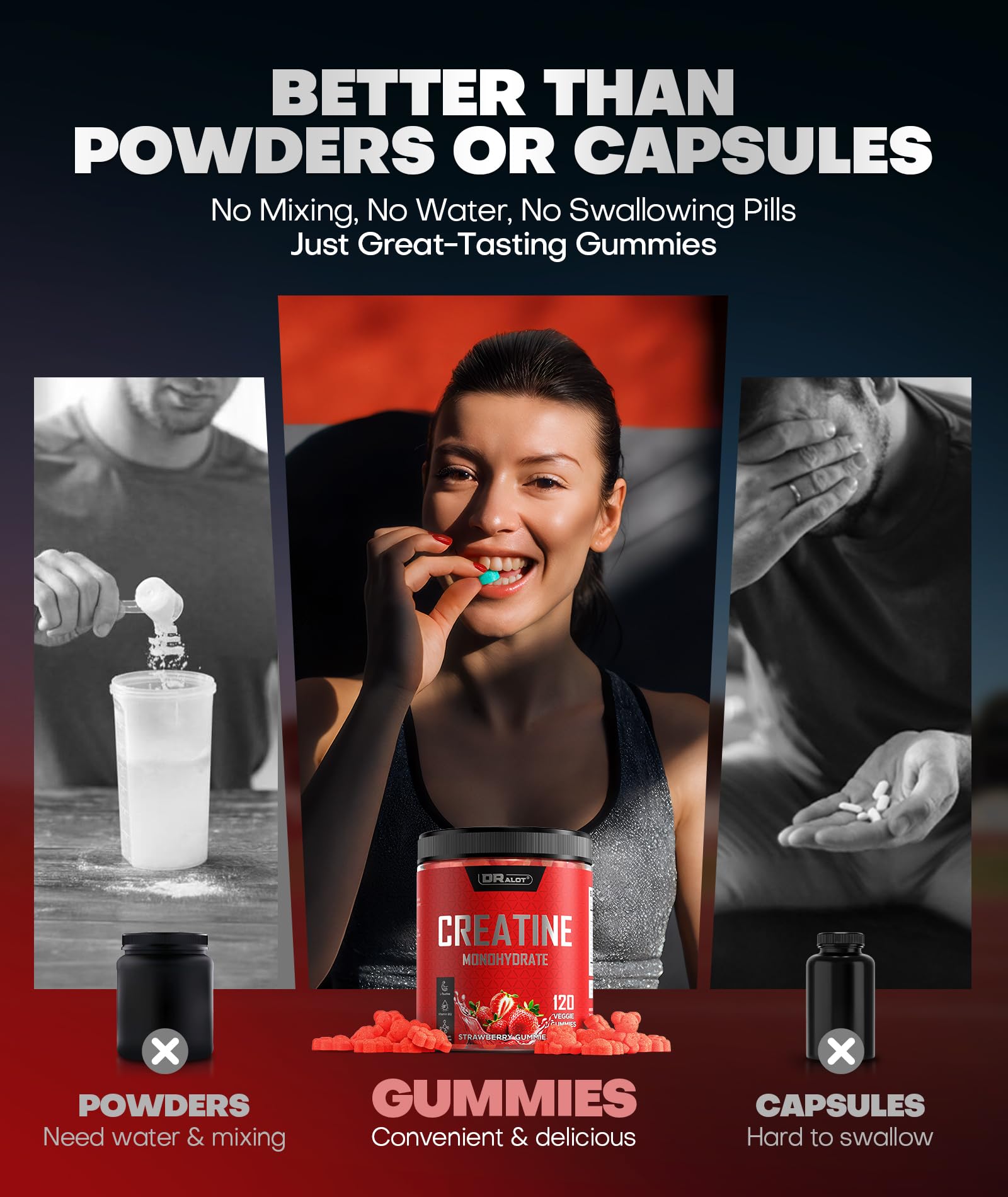 Dralot 99.99% Creatine Monohydrate Gummies More 15% Strength, 5X Energy & Muscle Support Pre-Workout Complex Creatine for Women & Men with 5000mg Creatine, L-Taurine, B12, Mg & K, 0 Sugar, Vegan DralotAu supplements