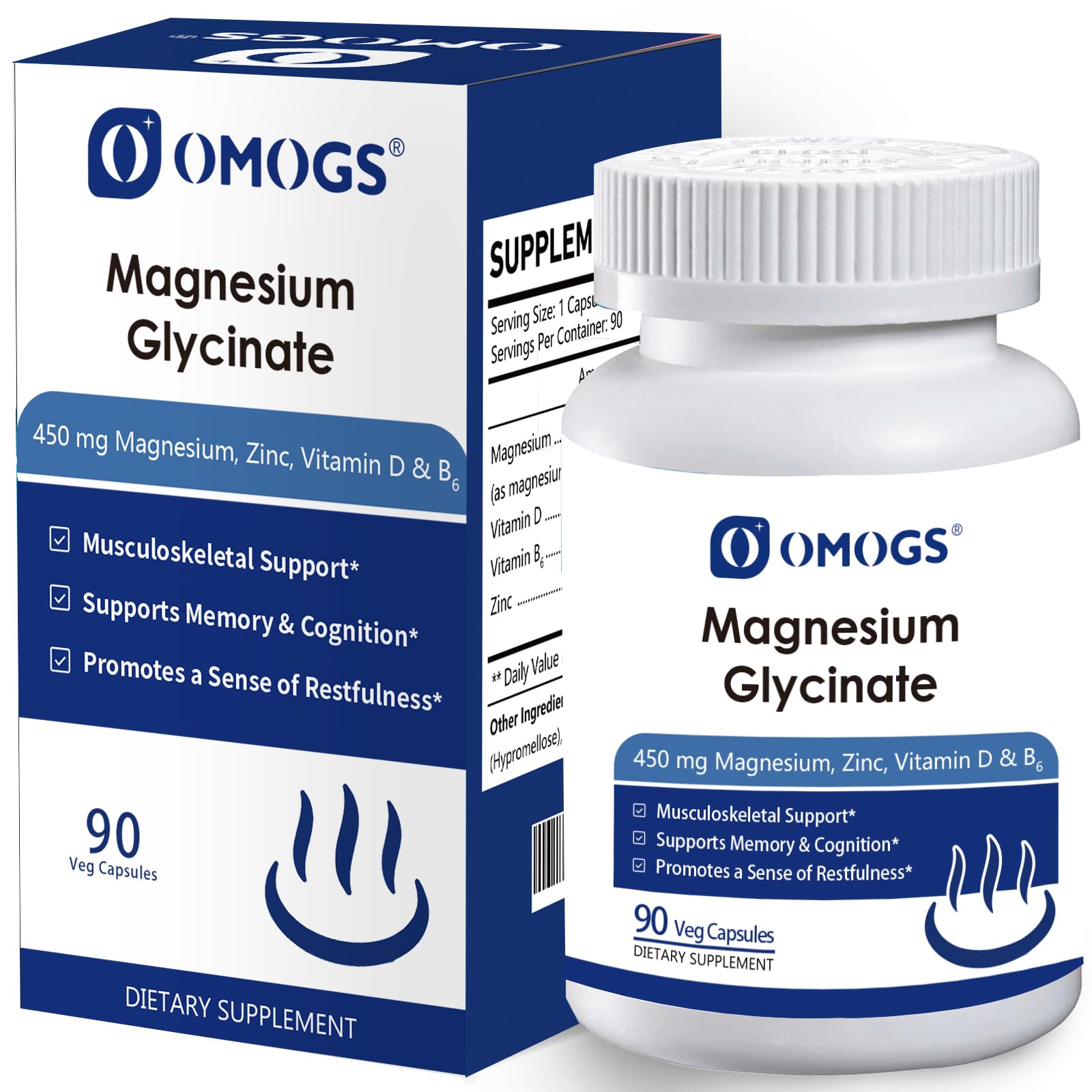 OMOGS High Absorption Magnesium Glycinate, for Supporting Sleep, Muscle Relaxation, Heart Health & Bone Health, Gluten Free, Non-GMO, 90 Vegetarian Capsules OMOGSAu supplements