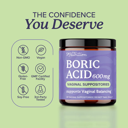 Boric Acid Suppositories for Women 600mg | pH Balance, Vaginal Odor & Itching | Feminine Hygiene & Intimate Health Support | Boric Acid for Women Vaginal Suppositories | Unscented, Vegan | 30 Ct SMNutritionUS supplements