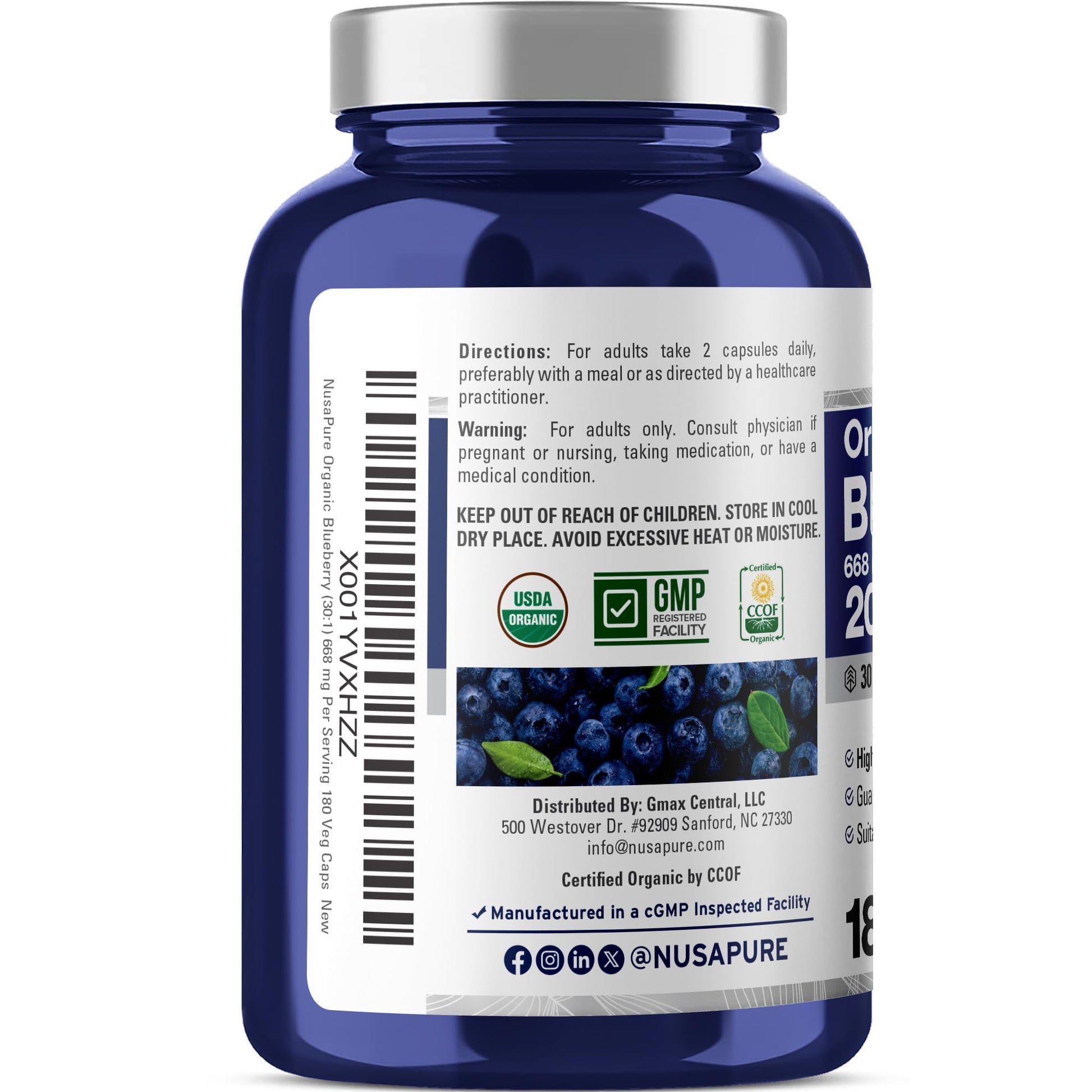 NusaPure Blueberry Concentrate 30:1 Extract, 667 mg Equivalent to 20,000 mg 180 Veg Caps Suitable for Vegetarian, Vegan, Non-GMO NusaPureAu supplements
