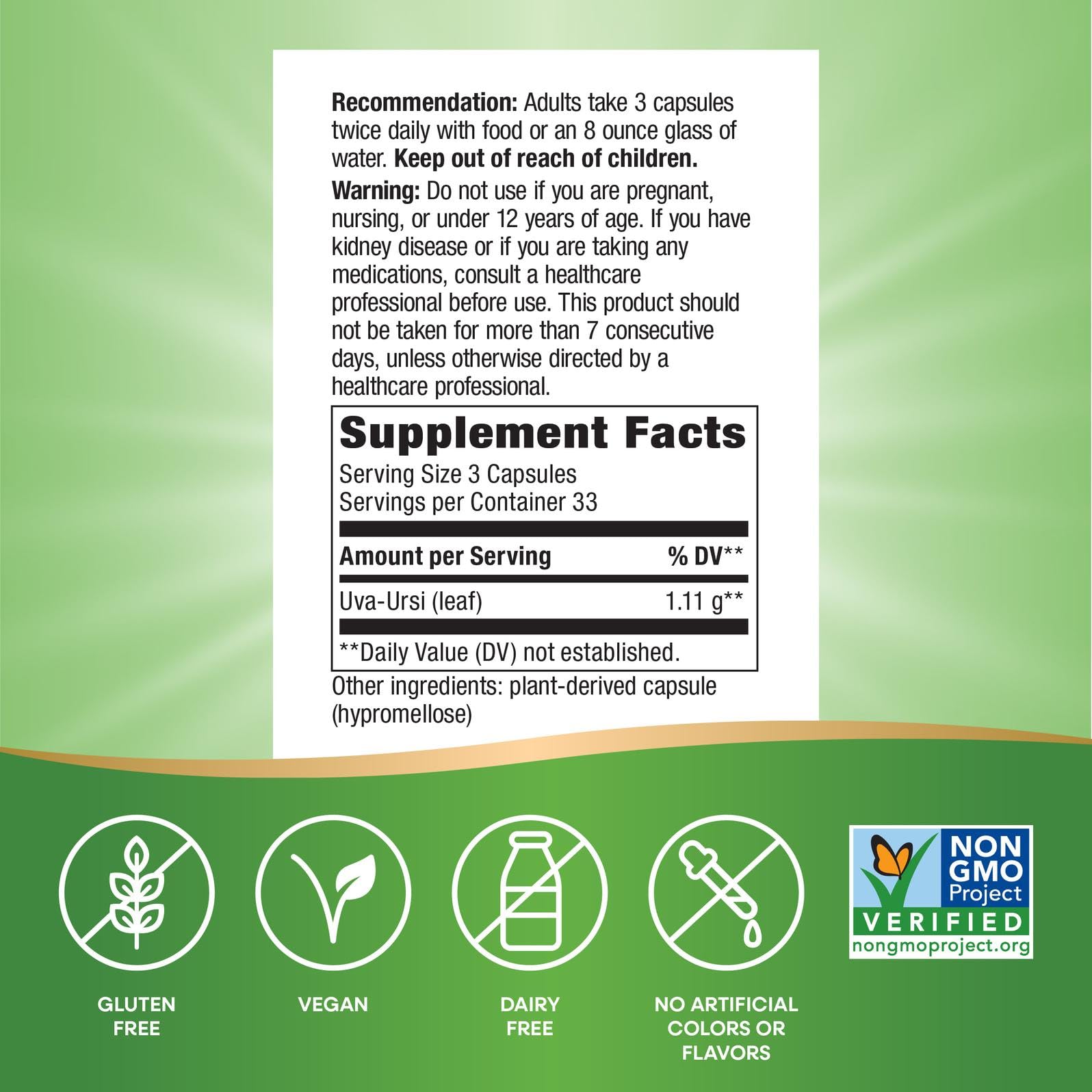 Nature's Way Uva Ursi Leaves, Traditional Urinary Support*, 1,110 mg per 3-Capsule Serving, Non-GMO Project Verified, Herbal Dietary Supplement, Gluten Free, 100 Vegan Capsules (Packaging May Vary) Nature's WayAu supplements