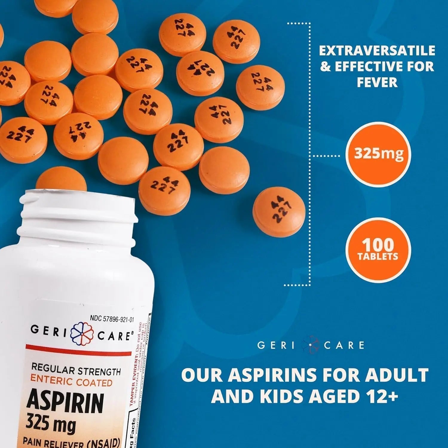 Enteric Coated Aspirin Tablets 325mg (100 Count) by GeriCare- NSAID Pain Reliever & Fever Reducer Coated Aspirin for Adults- Regular Strength Aspirin for Headache Arthritis Menstrual & Muscle Pain GeriCareAu supplements