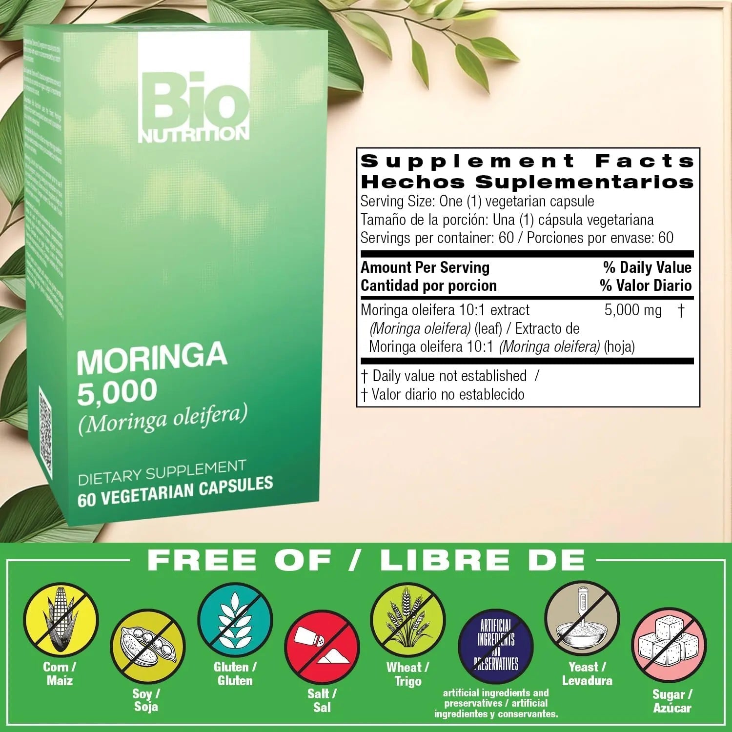 Bio Nutrition Moringa 5000mg 60 Vegetarian Capsules | Complete Green Superfood | Nature's Multivitamin | Energy and Gut Health Bio NutritionAu supplements