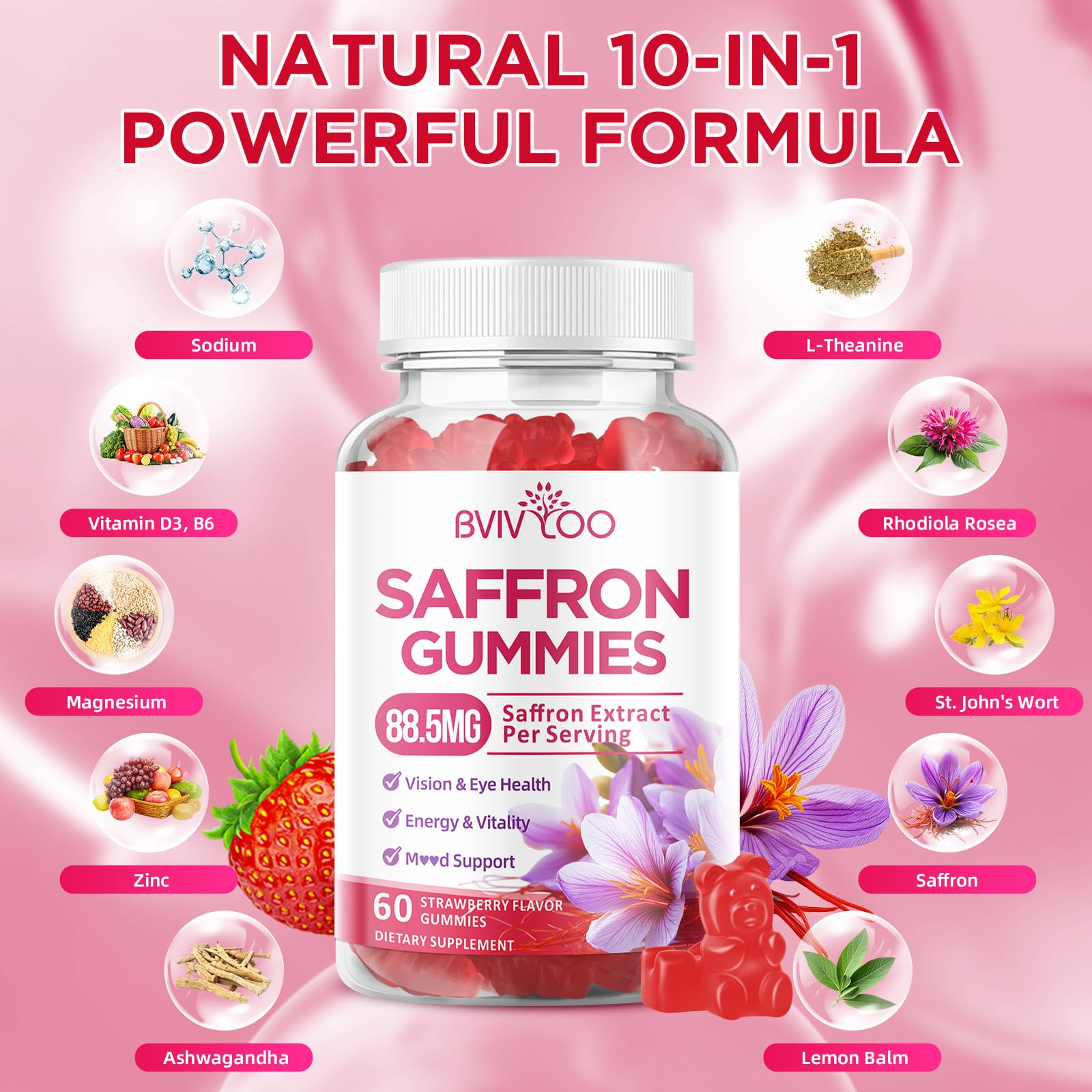 Saffron Gummies for Adult Kids, 10-IN-1 Formula with Saffron 88.5mg, Vitamins D3 & B6, Magnesium, Zinc, Ashwagandha, L-Theanine, St. John's Wort - Supports Mood & Focus, Strawberry Flavor, 60 Count BVIVLOOAu supplements