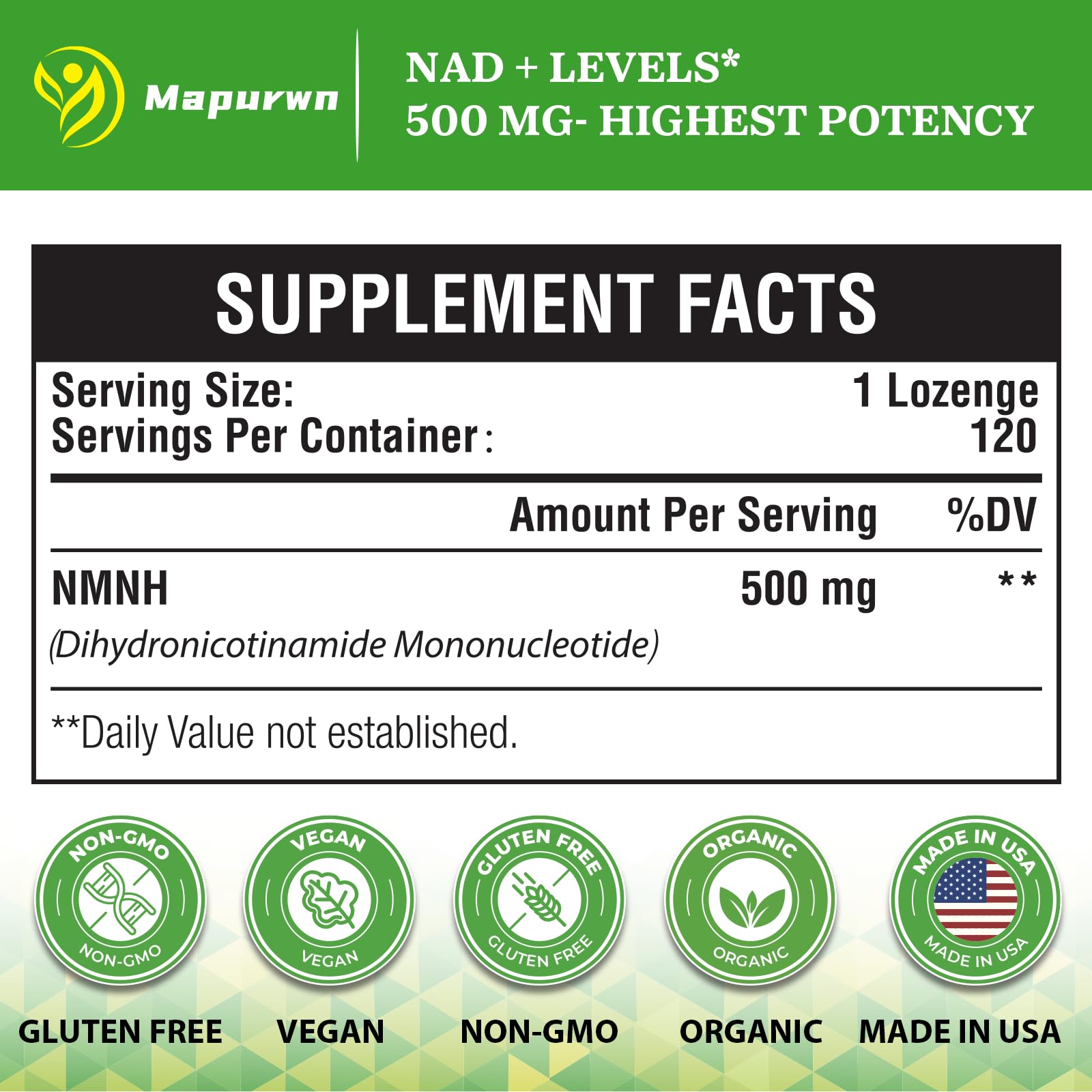 Mapurwn NMNH (Dihydronicotinamide Mononucleotide), NMN Supplement, 500mg per Serving NAD Supplement to Boost NAD+ Levels As We Age for Women & Men, Anti-Aging, Energy, Focus, 120 Count MapurwnAu supplements