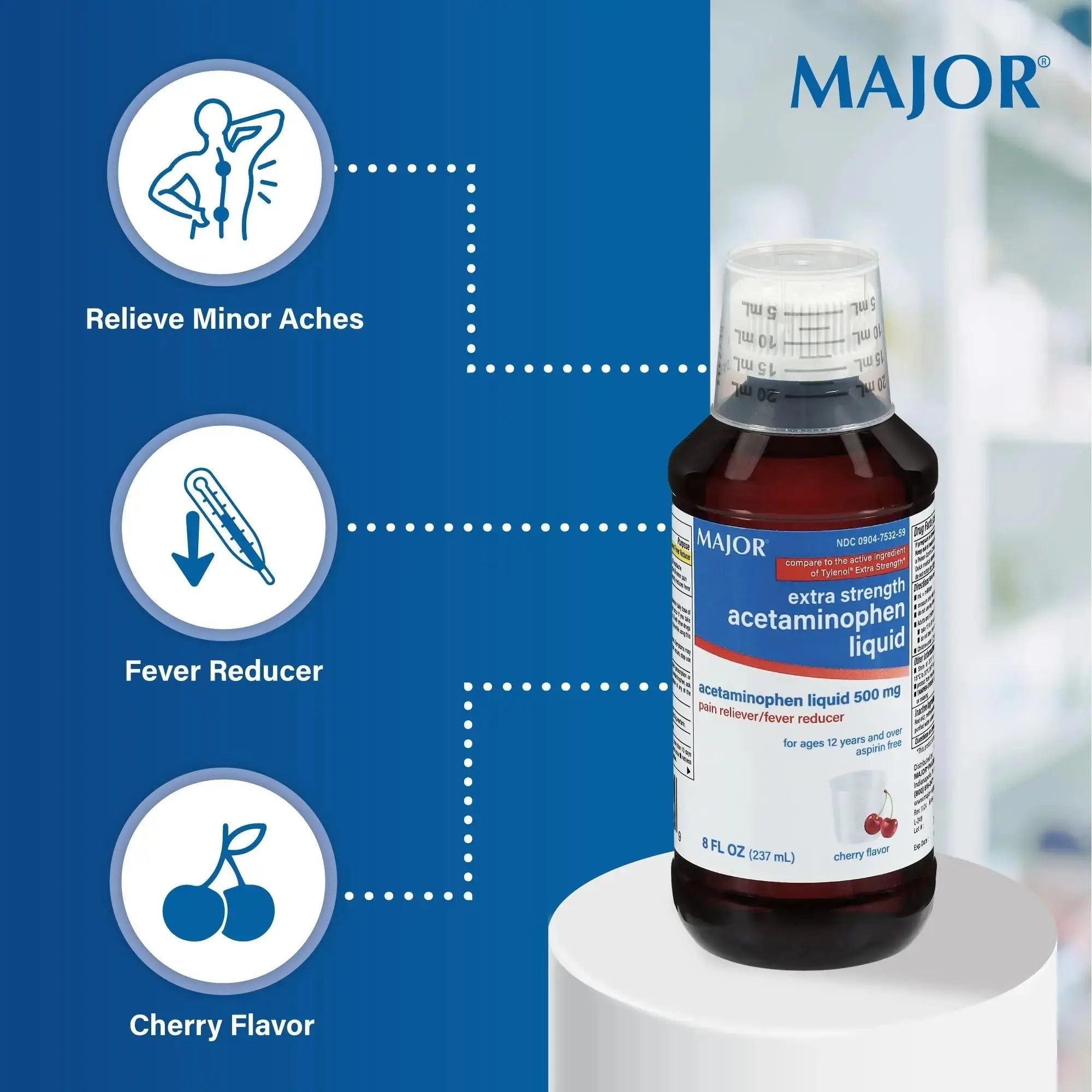 MAJOR Adult Extra Strength Liquid Acetaminophen 500mg - Helps Relieve Pain and Reduce Fevers - Aspirin Free - Cherry Flavor - 8 Fl Oz (2 Pack) MAJORAu supplements
