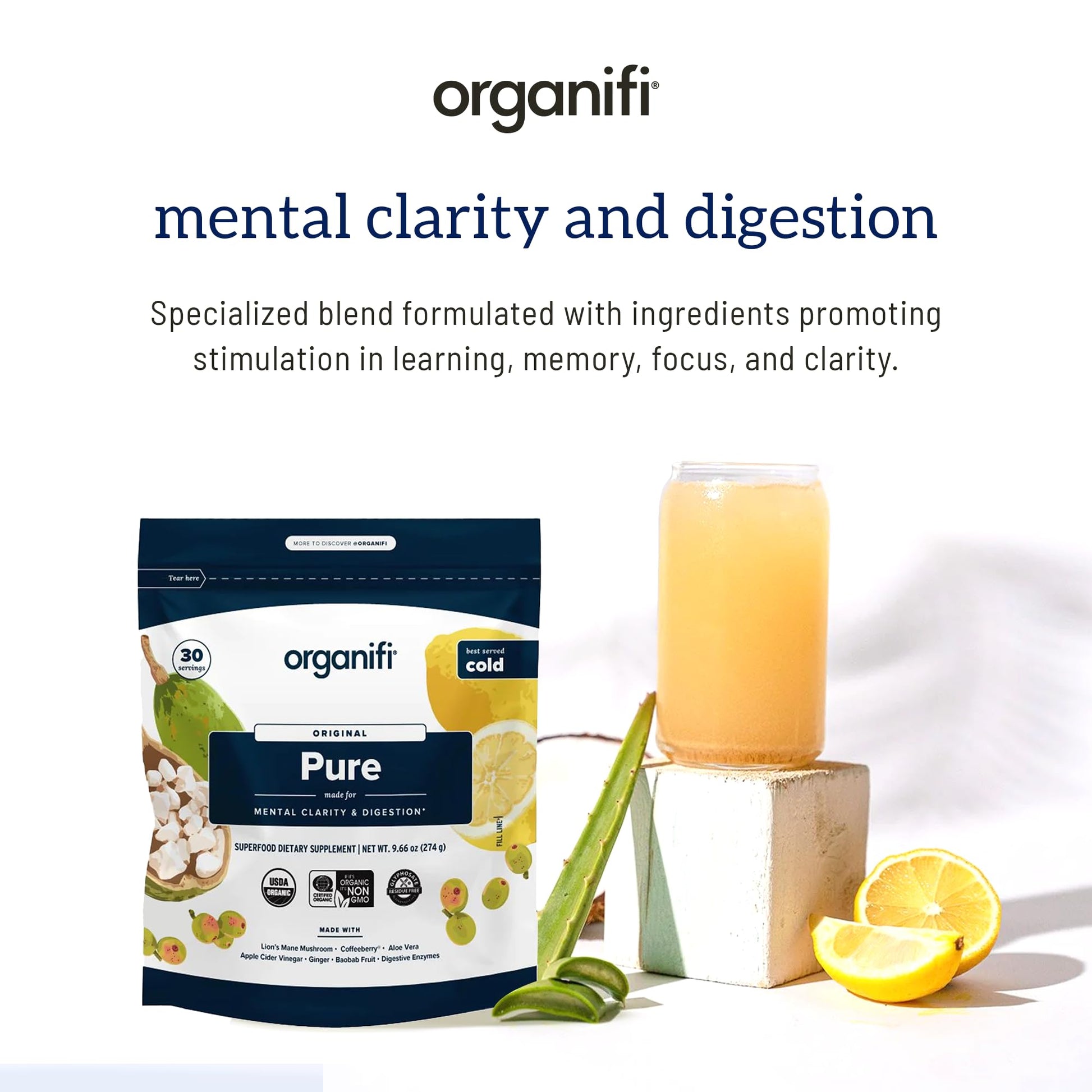 Organifi Pure - Promotes Stimulation in Learning, Memory, Focus, and Clarity - Brain Support with Superfoods - Gluten-Free and Non GMO - Best Served Cold, 30 Servings OrganifiAu supplements