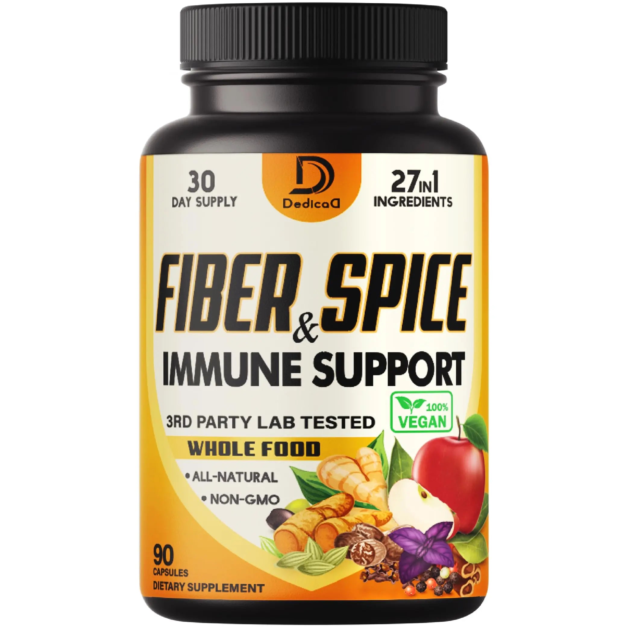 DEDICAD 27in1 Fiber and Spice Supplement - Combined with Organic Psyllium, Whole Apple, Elderberry & More - Support Mood, Body & Immunity - 90 Capsules for 1 Month DEDICADAu supplements