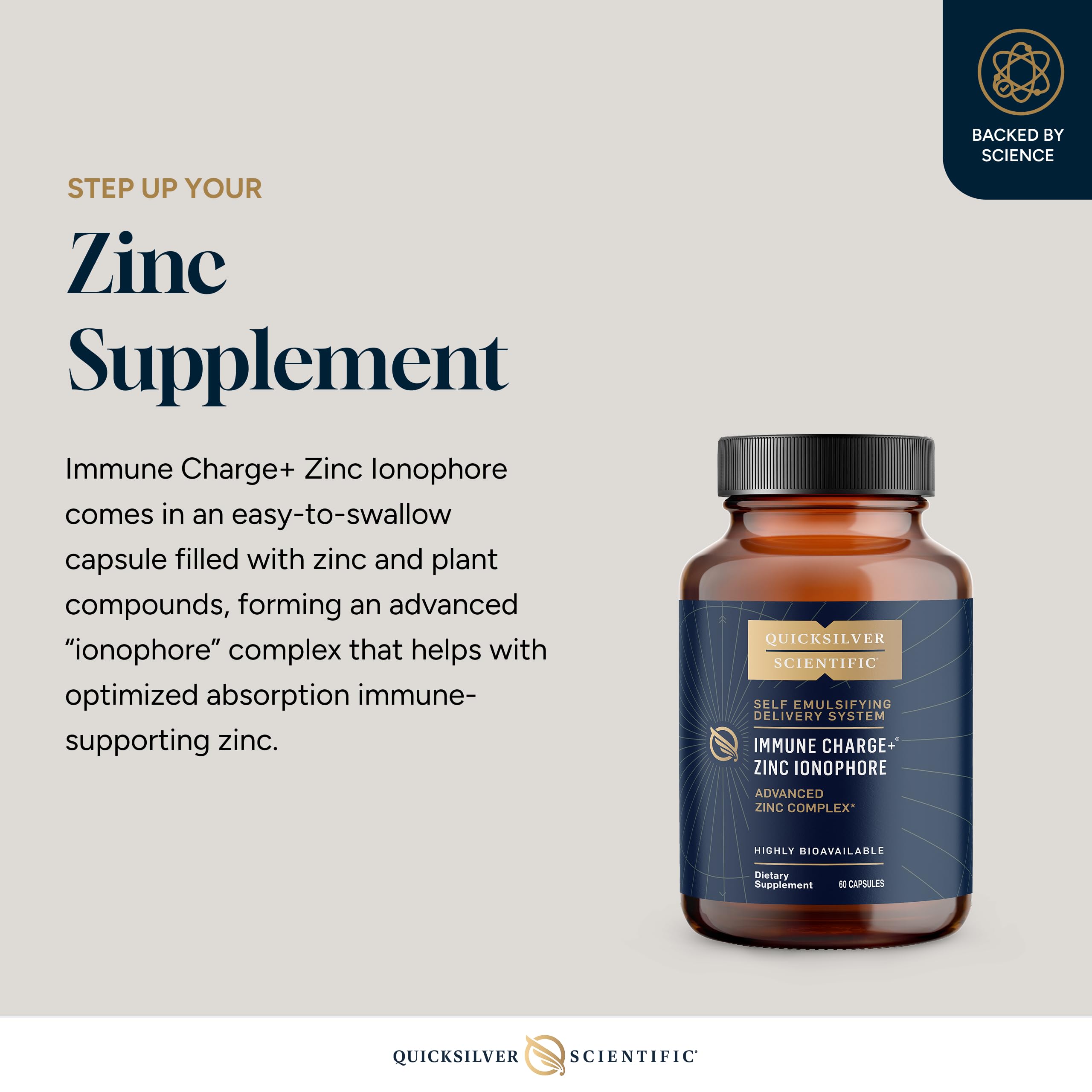 Quicksilver Scientific Immune Charge+ Zinc Ionophore - Zinc Supplement Complexed with Quercetin, Luteolin, Hesperetin Immune + GI Support (60 Capsules) Quicksilver ScientificUS supplements