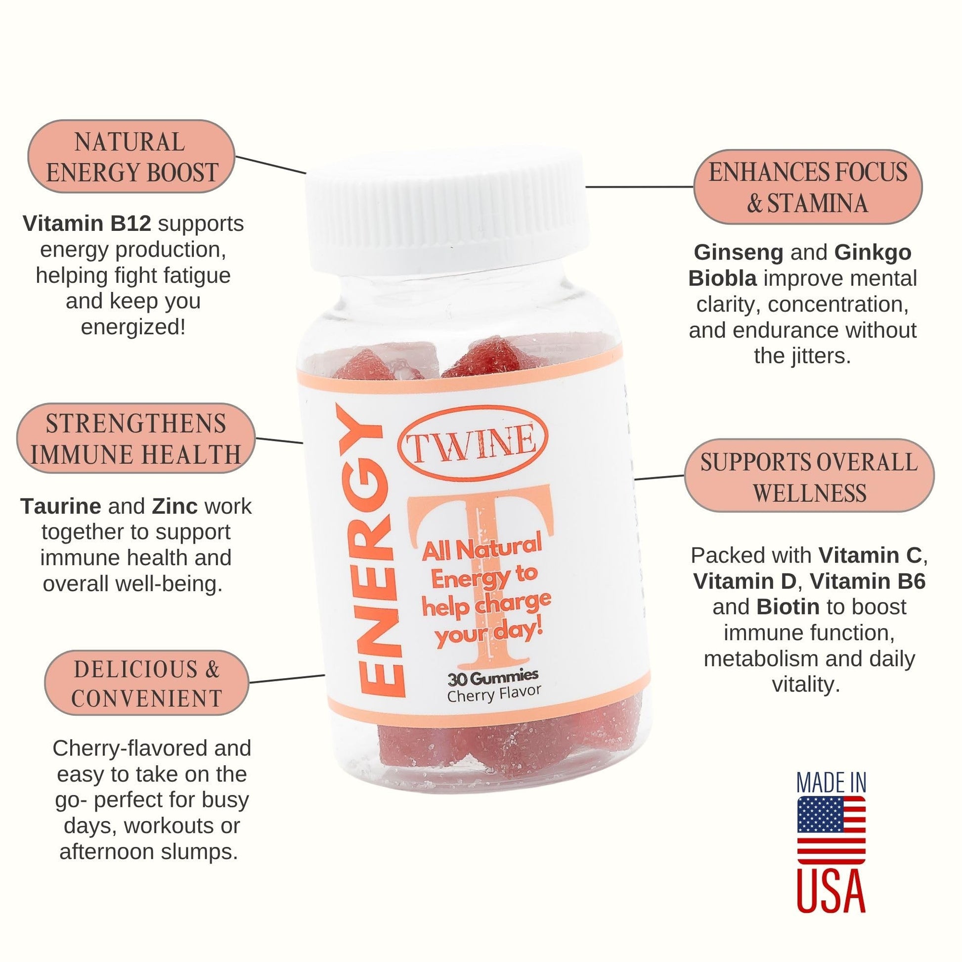 Energy Gummies with Vitamin B12, Ginseng & Ginkgo Biloba – Includes Biotin, Niacin, Taurine, Zinc, Pantothenic Acid, Vitamin C, D & B6 – 30 Count TWINEAu supplements