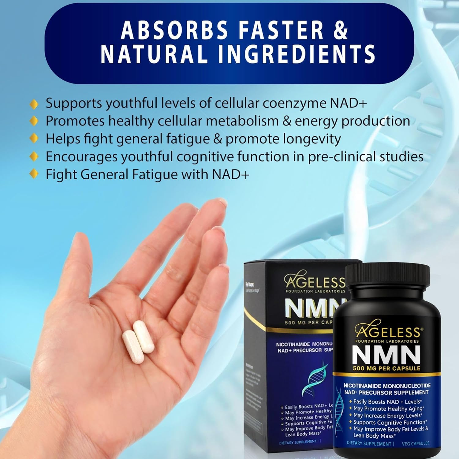 NMN Supplement 500mg Nicotinamide Mononucleotide | Supports NAD+ Levels, Energy, Cognitive Function, Muscle Health & Healthy Body Composition – Capsules (30) Ageless Foundation LaboratoriesAu supplements