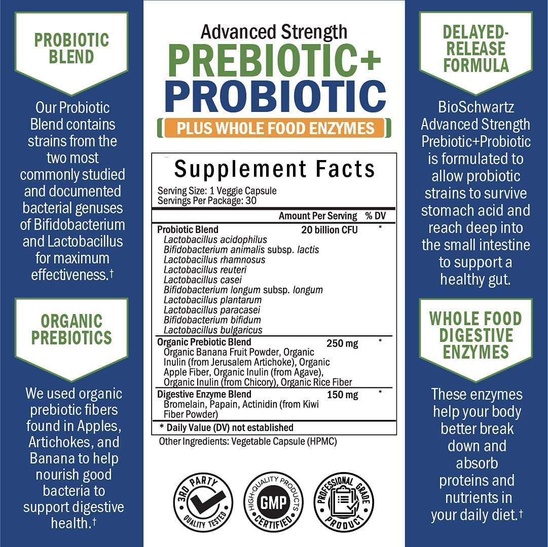 Probiotic & Prebiotic Digestive Health Capsules - 30ct, Gluten & Dairy Free, Non-GMO BioSchwartzUS supplements