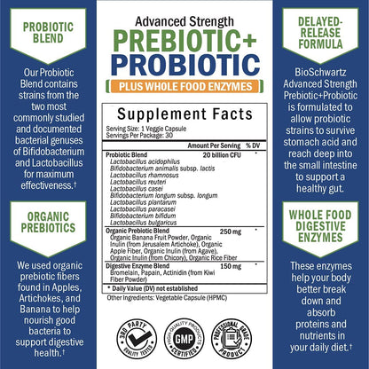 Probiotic & Prebiotic Digestive Health Capsules - 30ct, Gluten & Dairy Free, Non-GMO BioSchwartzUS supplements