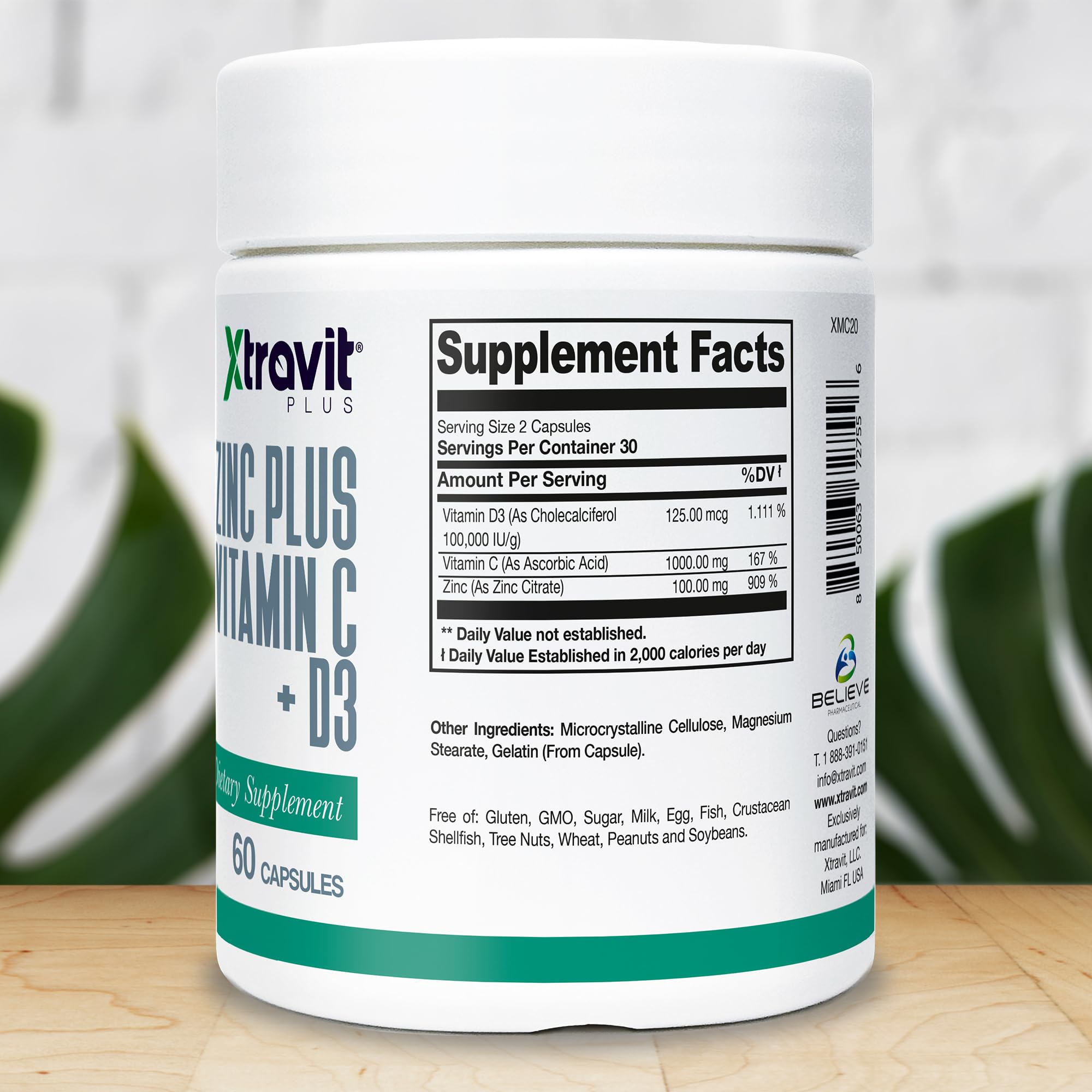 Xtravit Zinc Plus Vitamin C + D3 Supplement – Natural Immune Defense Supplements for Men & Women - May Support Skin, Energy, Bones, & Overall Wellness - Non-GMO, Gluten-Free, No Fillers, 60 Capsules XtravitAu supplements