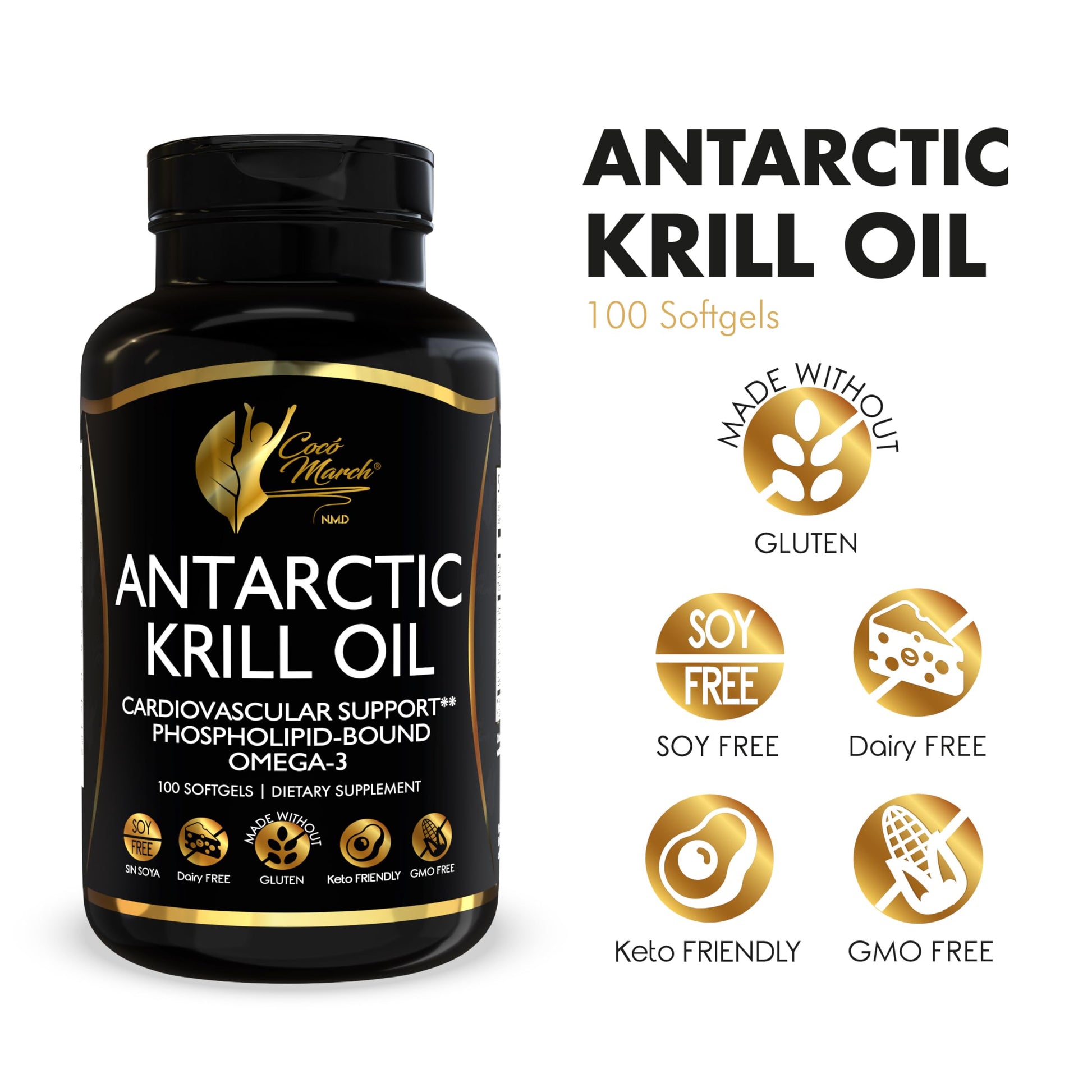 Cocó March N.M.D Pure Antarctic Krill Oil 1000mg – Omega 3 Fish Oil Supplement with EPA, DHA, Choline & Astaxanthin – Fast Absorption, Immune, Heart & Joint Support for Men & Women – 100 Softgels Cocó March N.M.DAu supplements