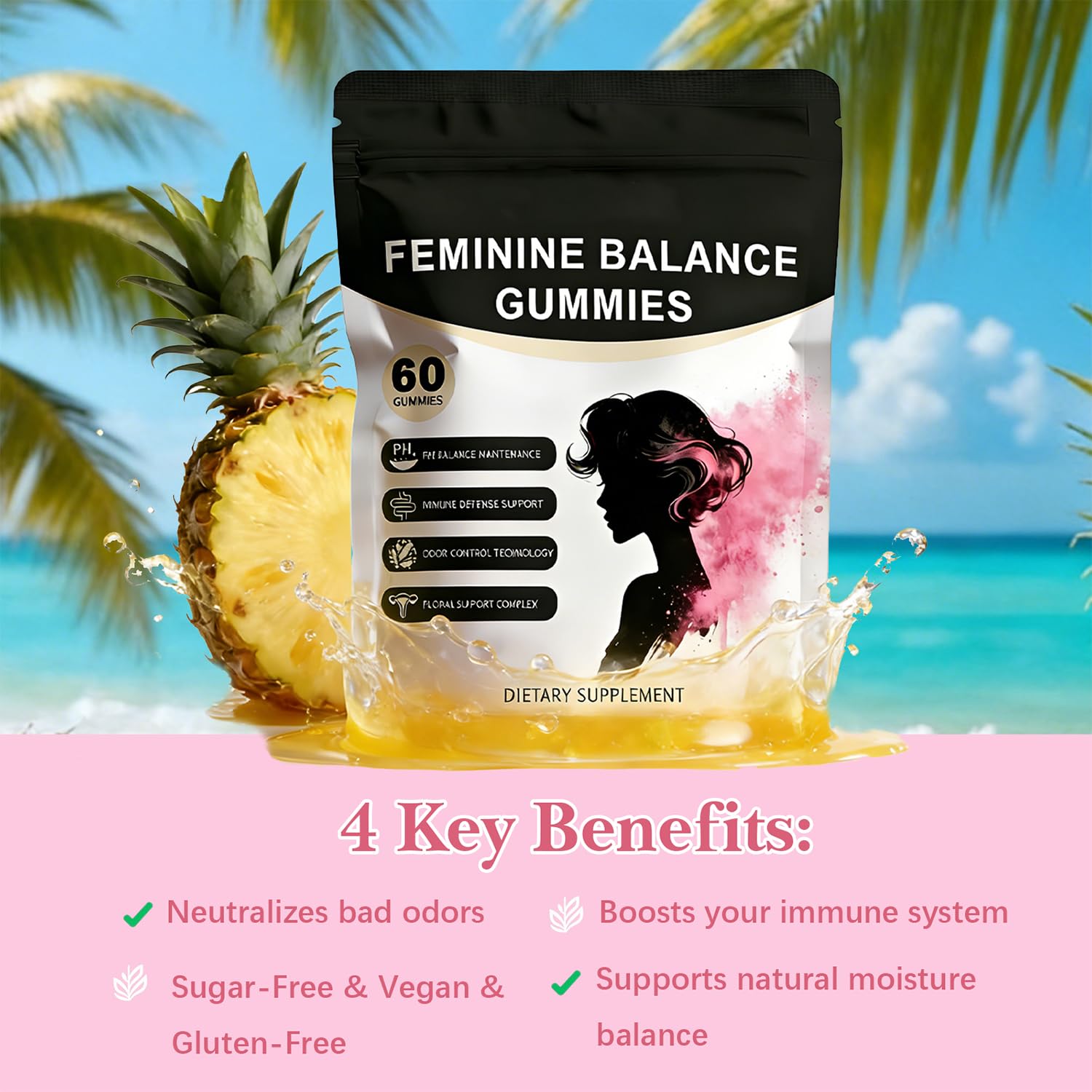 Pineapple Feminine Balance Gummies with Probiotics | Support for pH Balance & Freshness | Daily Intimate Wellness Support | Sugar-Free, Vegan | 60 Count (2) Nuora BalanceAu supplements