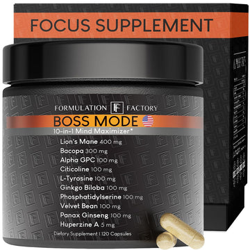 Formulation Factory Nootropic Brain Supplement - Boss Mode Focus & Memory Complex with Lion's Mane, Alpha GPC & Bacopa - Cognitive Support - 120 Capsules, 2 Month Supply Formulation FactoryAu supplements