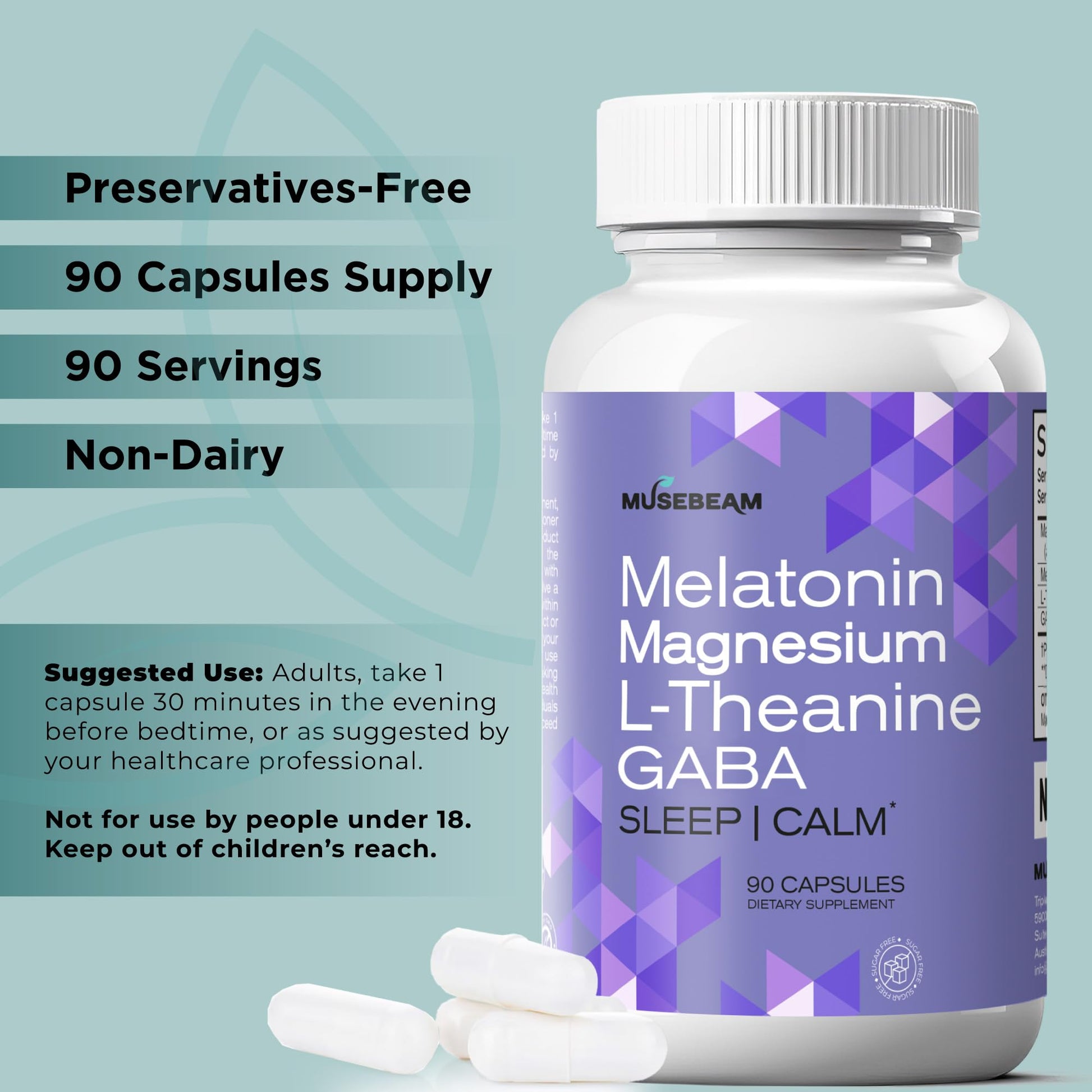 MuseBeam Magnesium Glycinate 275mg Melatonin 5mg L-Theanine 200mg GABA 100mg Capsules - Full Rest Nighttime Bedtime Support Supplement for Men Women - Vegan Sugar-Free Gluten-Free musebeamAu supplements