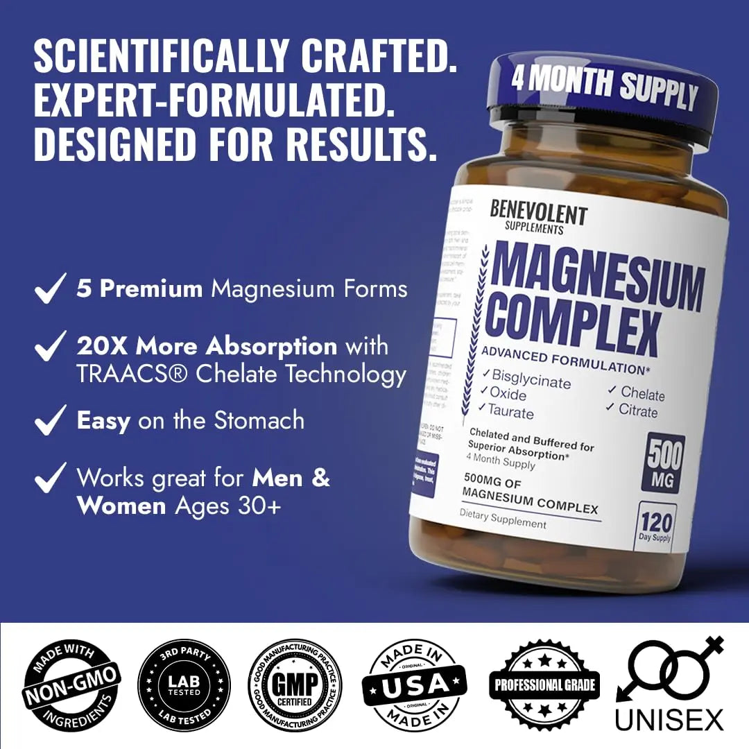 Magnesium Complex Supplement, 4 Month Supply of 500mg 5-in-1 Bisglycinate, Oxide, Taurate, Aspartate, Citrate, Max Absorption Magnesium Supplement for Calm, Sleep & Leg Cramps, 120 Capsule Benevolent Nourishmentnz supplements