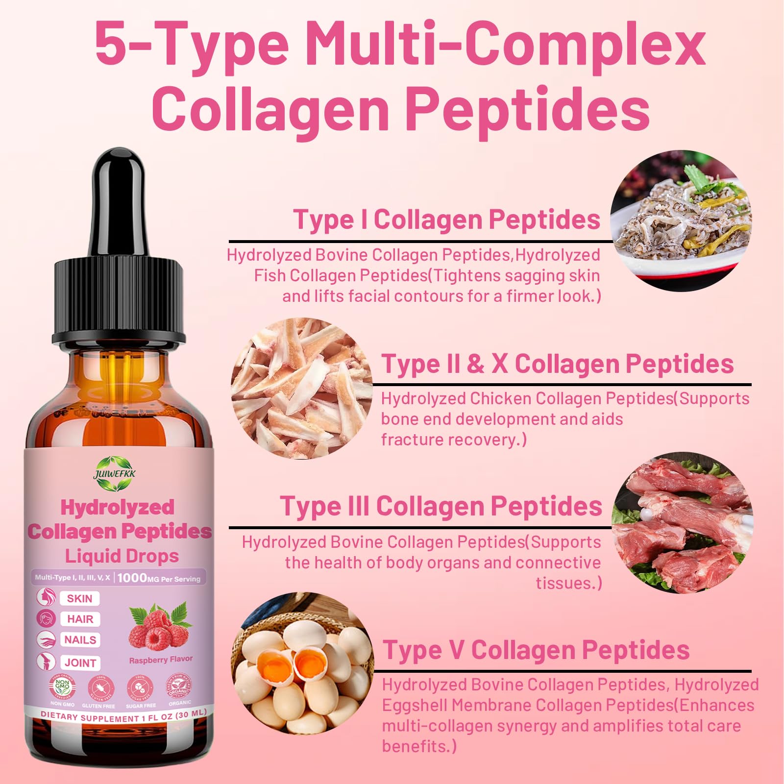 JUIWEFKK Hydrolyzed Collagen Peptides Liquid Organic Collagen Complex w. Biotin, Vitamin C & Hyaluronic Acid, Liquid Collagen Types I, II, III, IV, V for Hair, Skin, Nails & Joint Healthd JUIWEFKKAu supplements