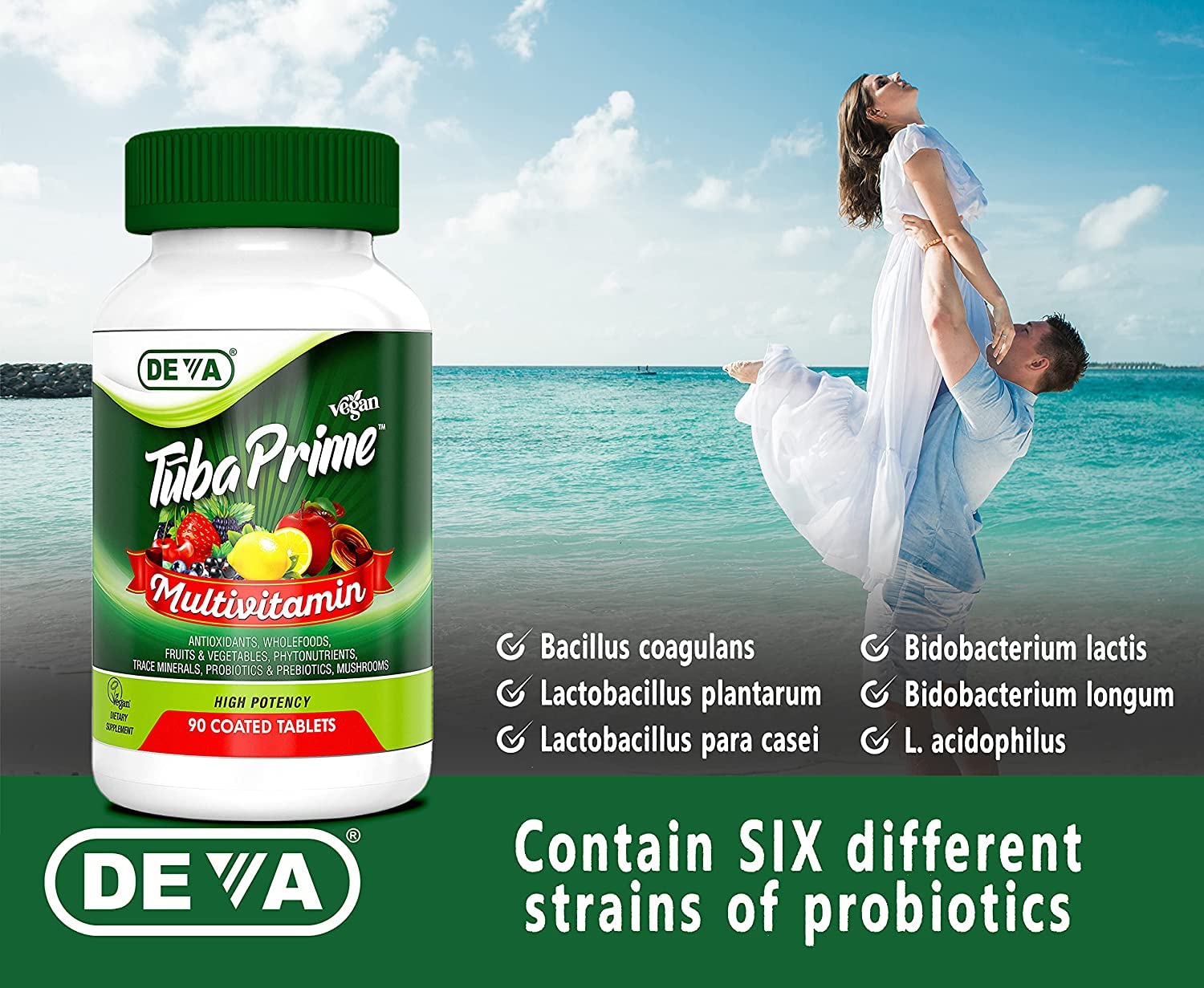 DEVA Tuba Prime Vegan Multivitamin Iron-Free High-Potency Vitamin & Mineral Dietary Supplement Antioxidants, Fruit & Veg Blend, Super Mushrooms, Probiotics, Prebiotics, Seeds, Herbs 90 Tabs 2-Pack DEVAAu supplements