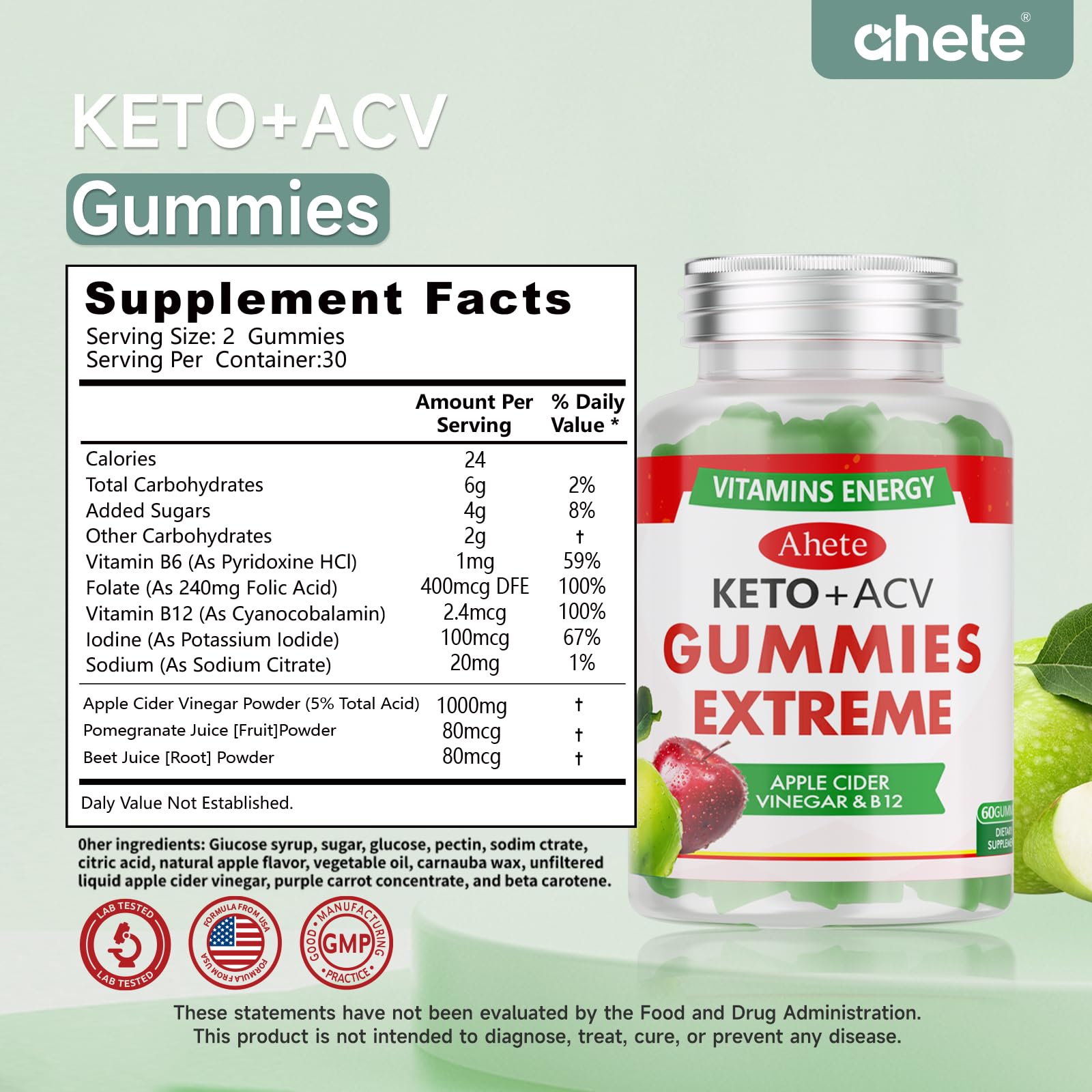 Ahete Keto Apple Cider Vinegar Gummies with Vitamin B6, B12, Folate & Beet Root, Keto ACV Gummies Supports Daily Wellness & Metabolism, Natural Apple Flavor, 60 Gummies (30 Day Supply) AheteAu supplements