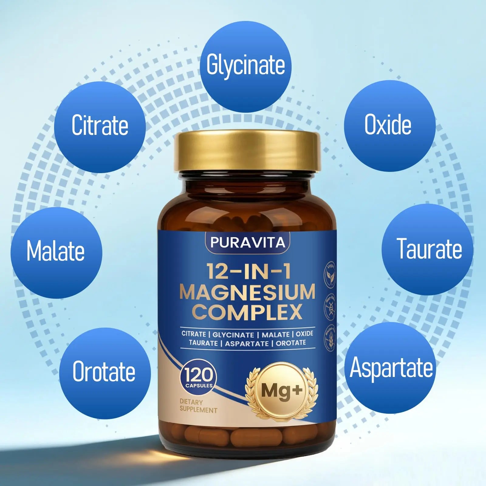 Puravita Magnesium Complex - Puravita 12 in 1 Magnesium Supplement with Glycinate, Citrate, Malate, Oxide, Taurat & More for Muscle, Nerve & Sleep Support, 120 Count PURAVITAnz supplements