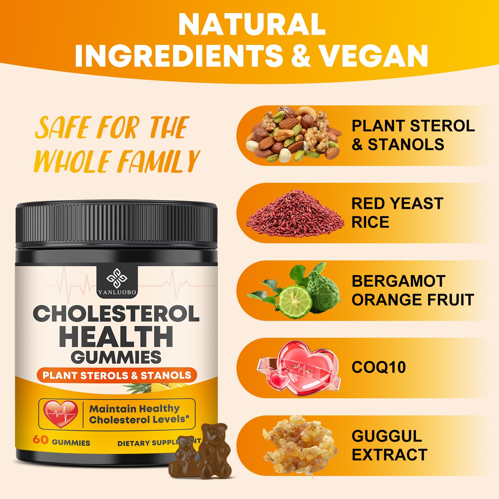 Cholesterol Supplements with 1200mg Plant Sterols & Stanols, Guggul, Bergamot, Red Yeast Rice, Cholesterol Complex Gummies Support Healthy Cholesterol Levels, Pineapple Flavor, 60 Counts YANLUOBOAu supplements