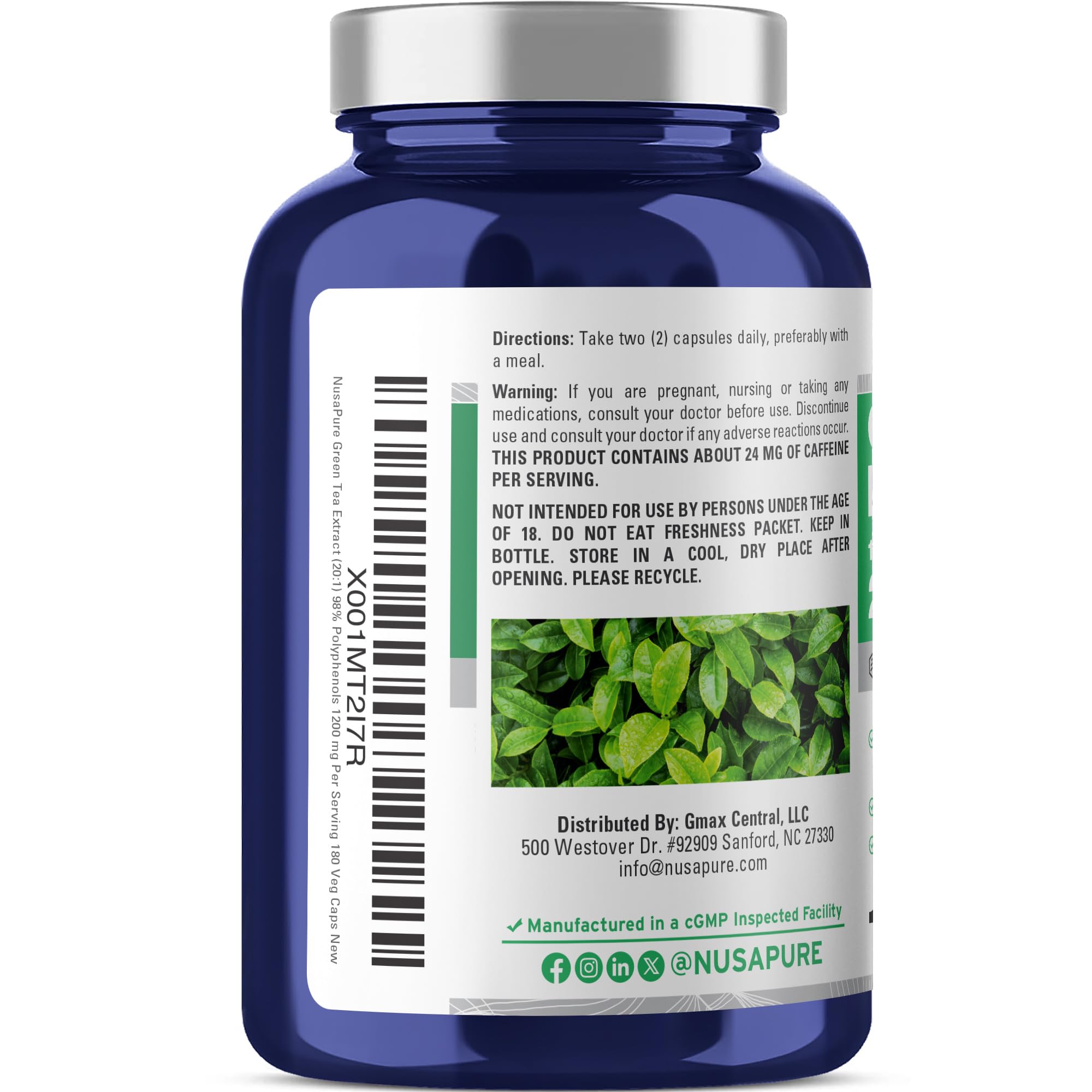NusaPure Green Tea 20:1 Extract, 1200 mg Equivalent to 24000mg, 180 Vegan Capsules, 50% EGCG, 98% Polyphenols, 80% Catechins NusaPureAu supplements