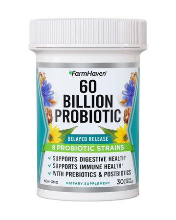 FarmHaven 60 Billion CFU Probiotic - 8 Probiotic Strains - Prebiotics & Postbiotics - Supports Digestive & Immune Health - Delayed Release - Shelf Stable - Non-GMO, Gluten Free - 30 Caps FarmHavenAu supplements
