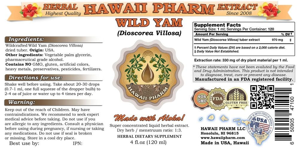 Wild Yam Liquid Extract, Wild Yam (Dioscorea Villosa) Tincture 4x4 oz HawaiiPharmAu supplements