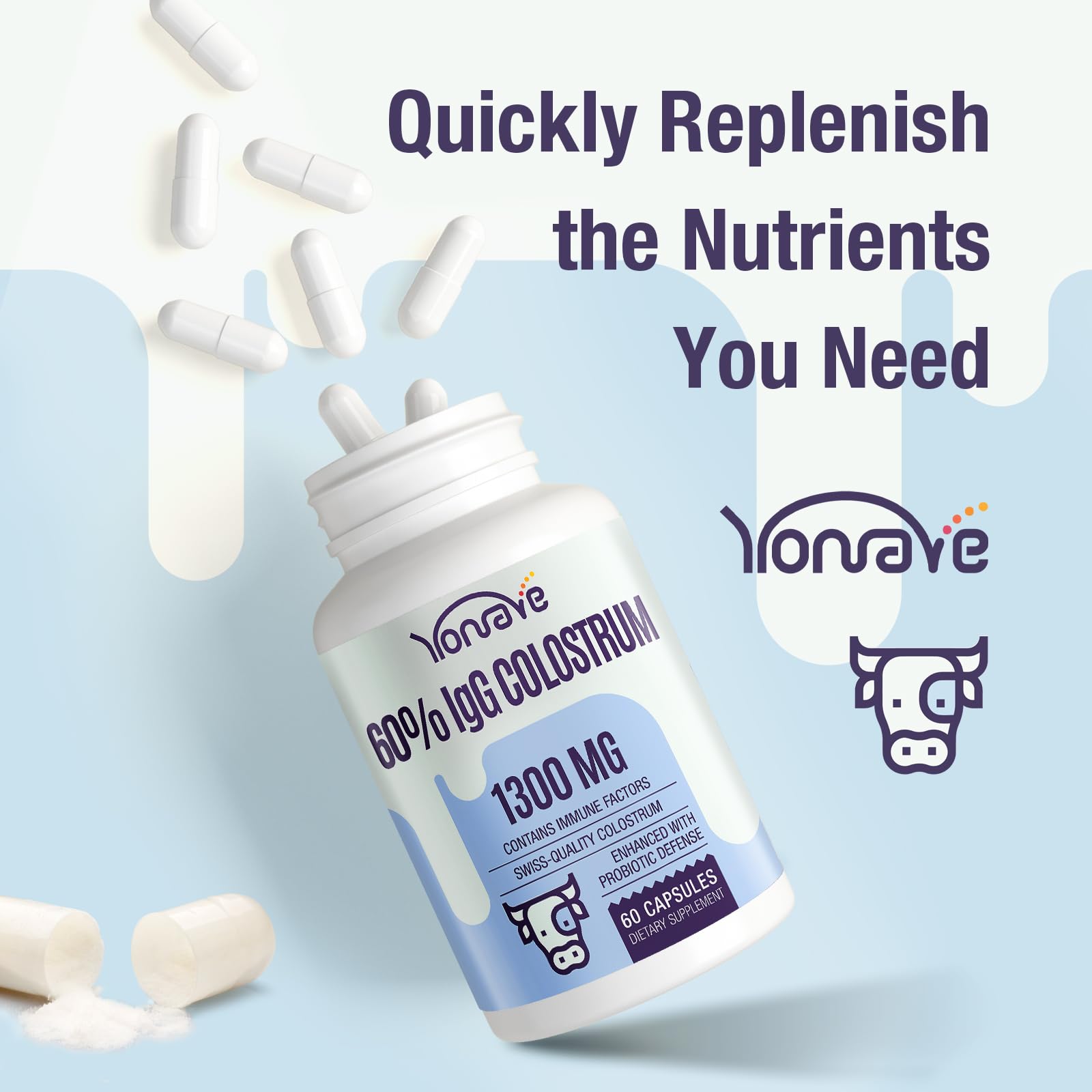 Yonrave Bovine Colostrum Capsules Supplement 1300mg - Extra High 60% IgG Bovine Colostrum - Gut, Bone, Exercise, Immune - 60 Capsules YonraveAu supplements
