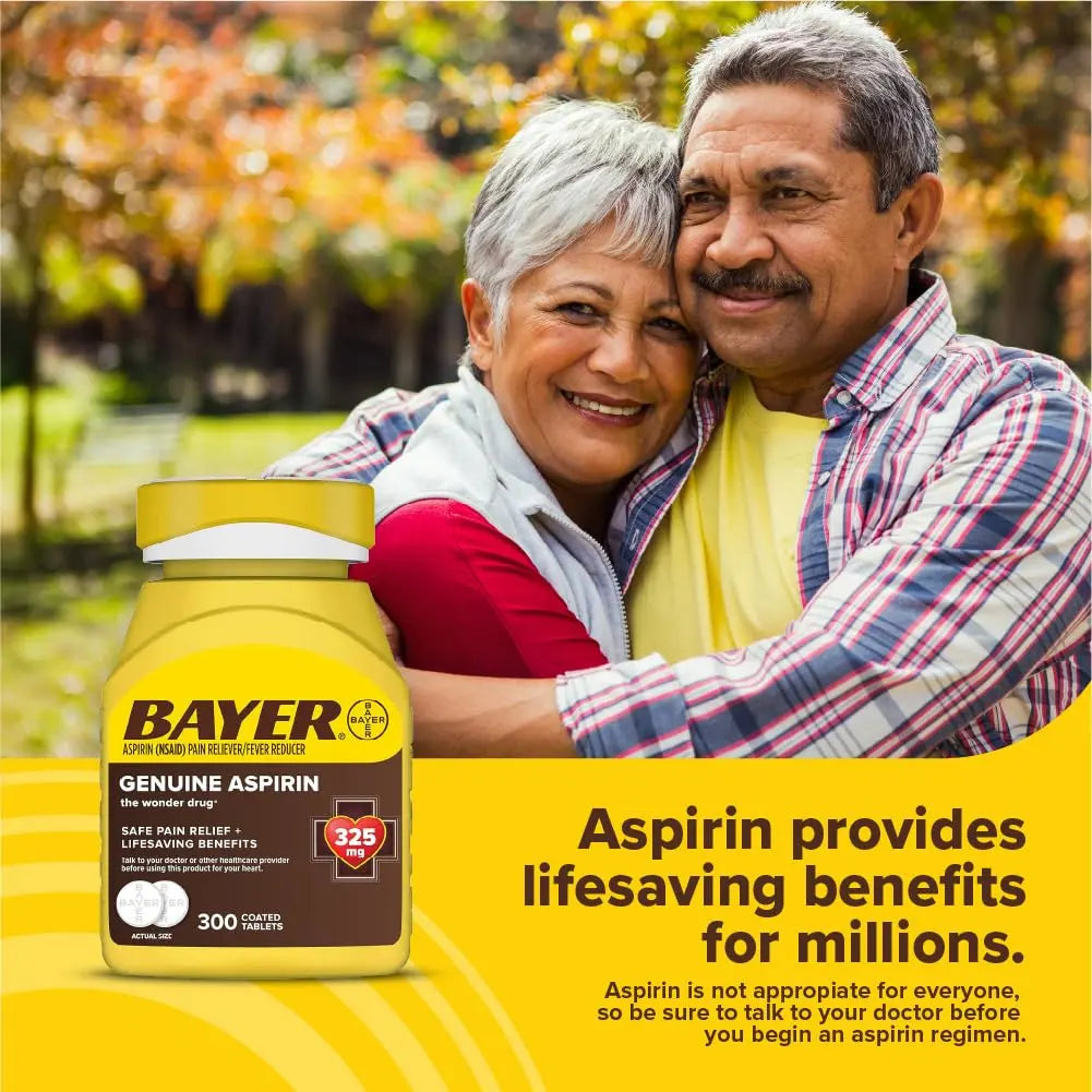 Bayer Genuine Aspirin 325 mg, Coated Tablets for Headache Relief, Multi-Symptom Pain Reliever and Fever Reducer, Pain Relief Tablets for Tooth and Muscle Pain, Backache, 300 Ct BayerAu supplements