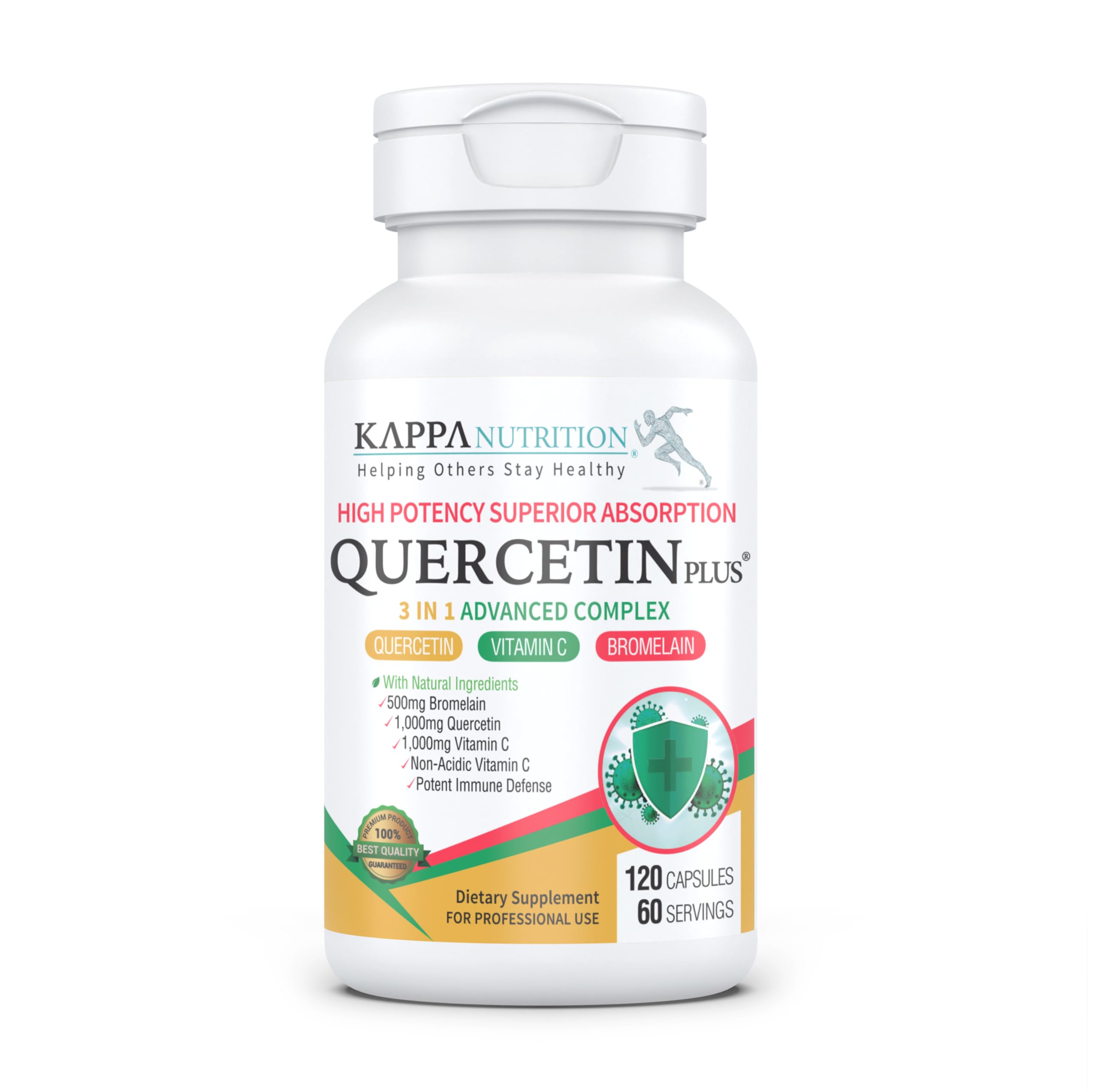 QUERCETIN PLUS, Quercetin 1,000mg, Bromelain 500mg and Vitamin C 1,000mg, (120 Capsules), 3 in 1 from Bioflavonoids, Supports Immune, Cardiovascular & Respiratory Health, Seasonal Allergy Relief. KAPPA NUTRITIONAu supplements