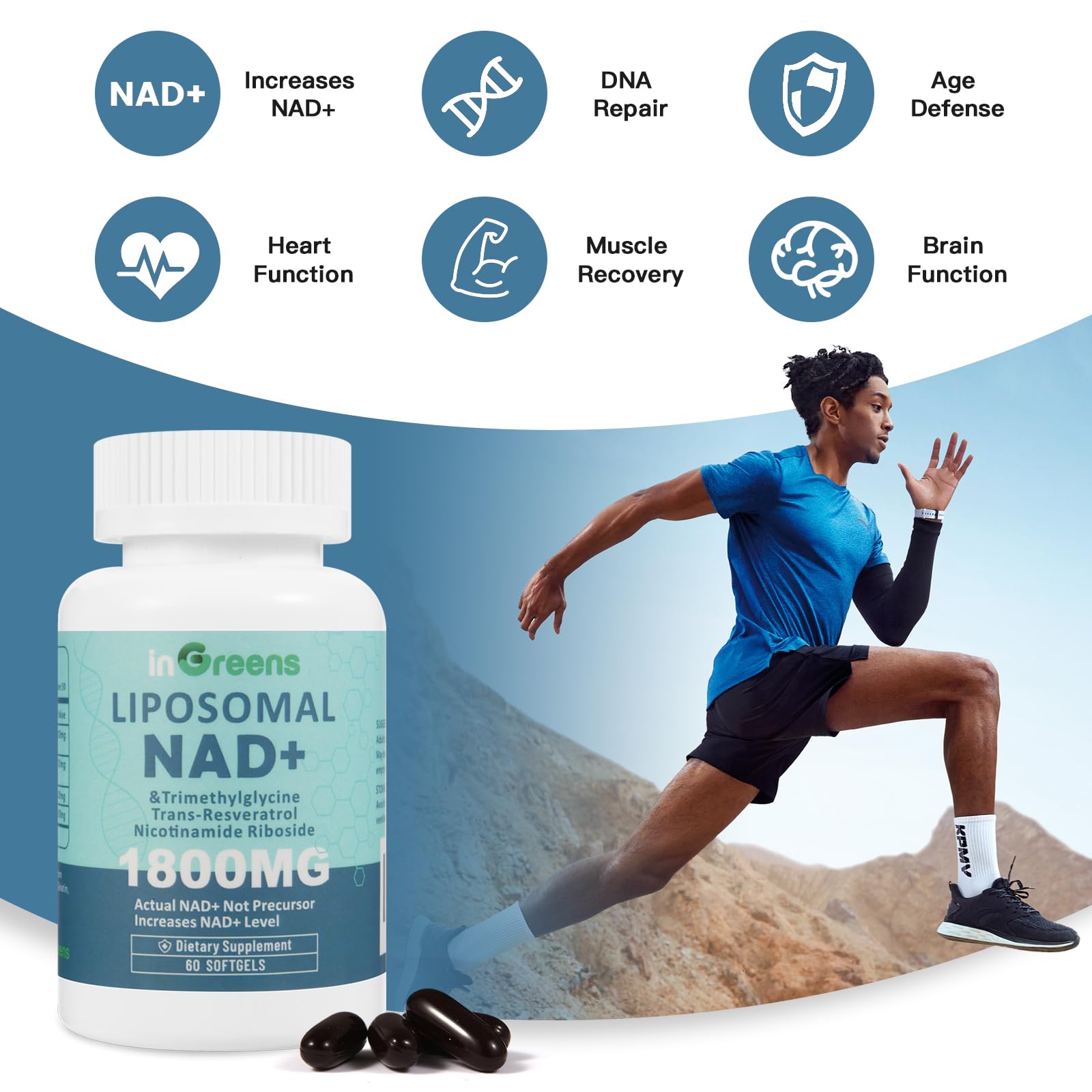 inGreens Liposomal NAD+ Supplement 1800 mg with Nicotinamide Riboside, Trans Resveratrol, Trimethylglycine，Replaces NMN, Boost NAD+, Aging Defense，Cellular Energy, 120 Softgels inGreensAu supplements