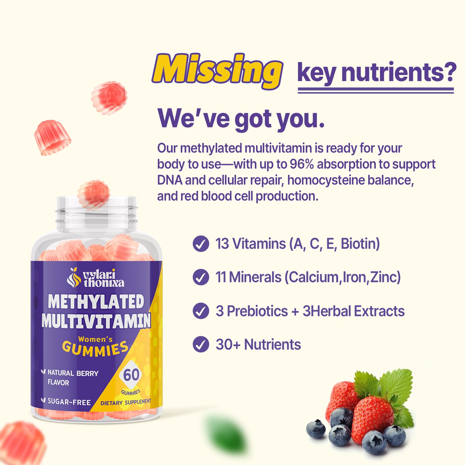 Vylarithonixa Methylated Multivitamin Gummies for Women – MTHFR Supplement Contains Methylfolate, Methylated B12, TMG & Vitamins A C E K – Energy, Immune & Skin Support VylarithonixaUS supplements