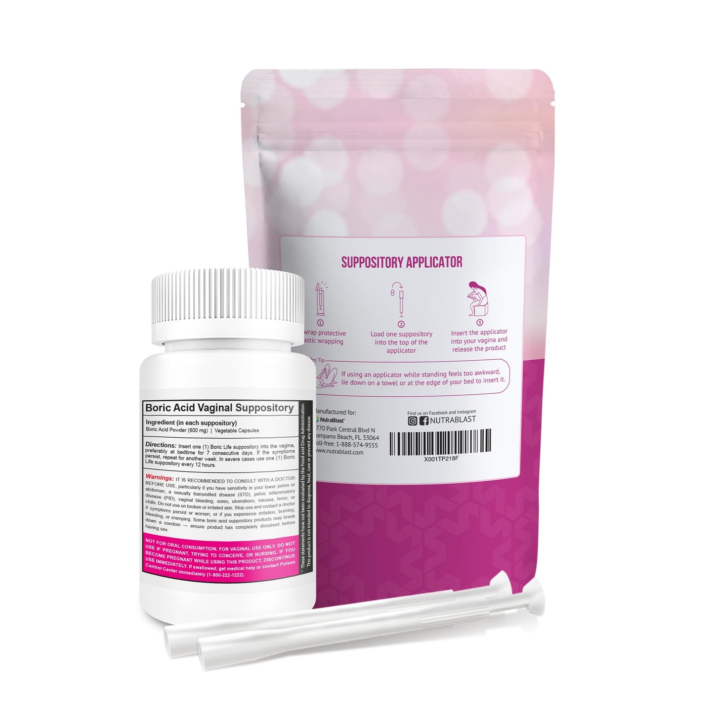 NutraBlast Boric Acid Suppositories 600mg Bundle with Applicator, 30 Suppositories & 15 Applicators - Feminine Care - Made in USA NutraBlastUS supplements