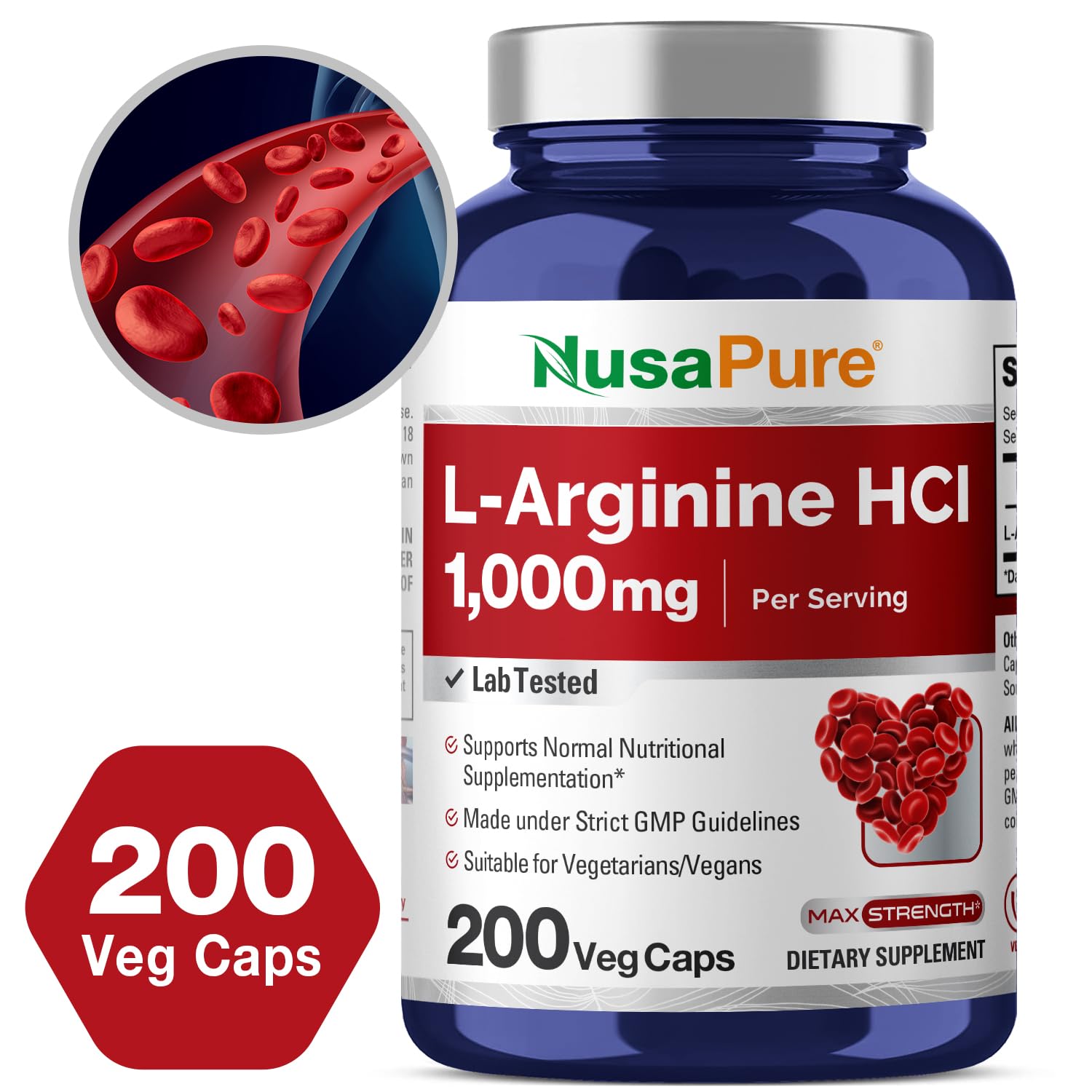 NusaPure L-Arginine 1000 mg 200 Veggie Capsules (Non-GMO, Vegetarian, Vegan) NusaPureAu supplements