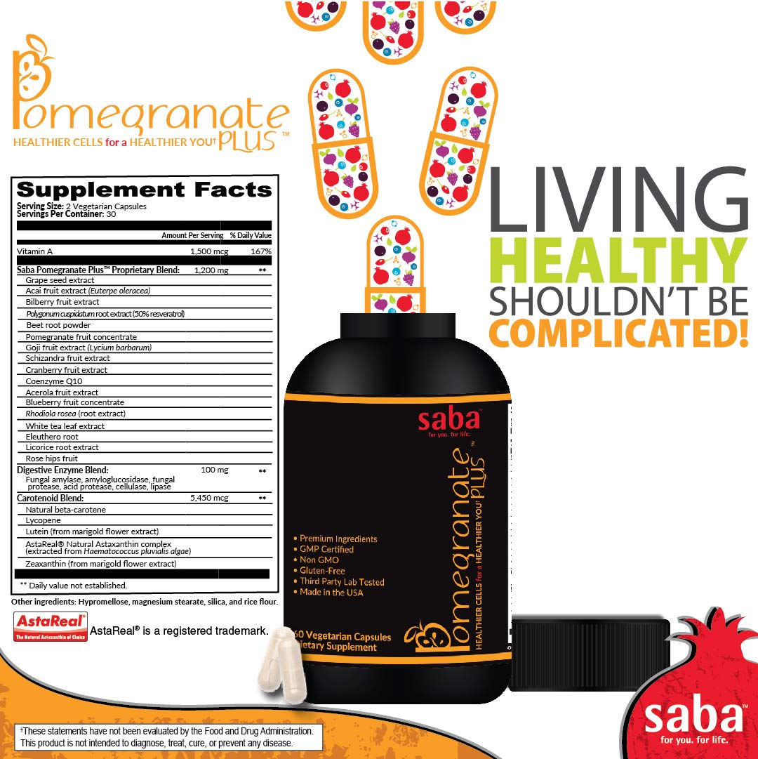 Saba Pomegranate Plus – Antioxidant Supplement with Astaxanthin & Adaptogens | Immune, Skin, Heart & Brain Support | Daily Stress & Cellular Wellness | 60 Capsules SabaAu supplements